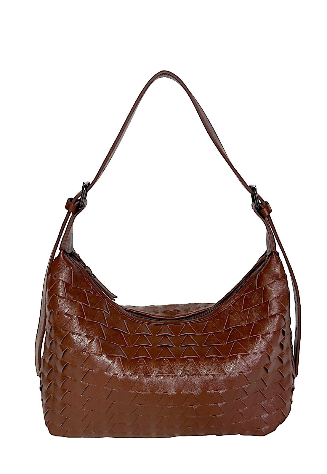 Bolsa Hobo em Couro Legítimo Marrom em Tressê Manual com Alça Regulável