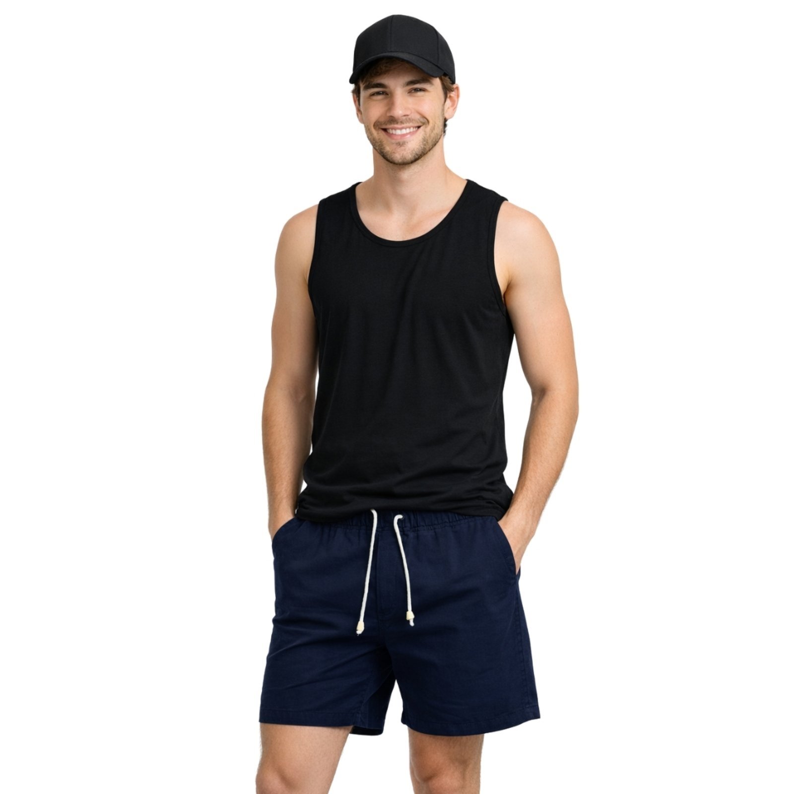 Conjunto Regata Short Linho e Boné 6 Painéis Premium Masculino Moda Praia Luxo