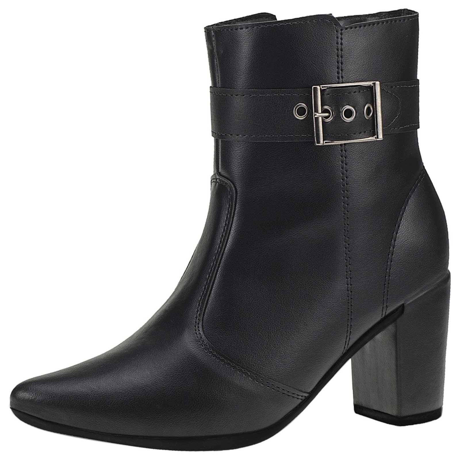 Bota Feminina Lóris Shoes com Zíper Bico Fino Lateral Cano Curto Salto com Acessório Fivela 205 Preto