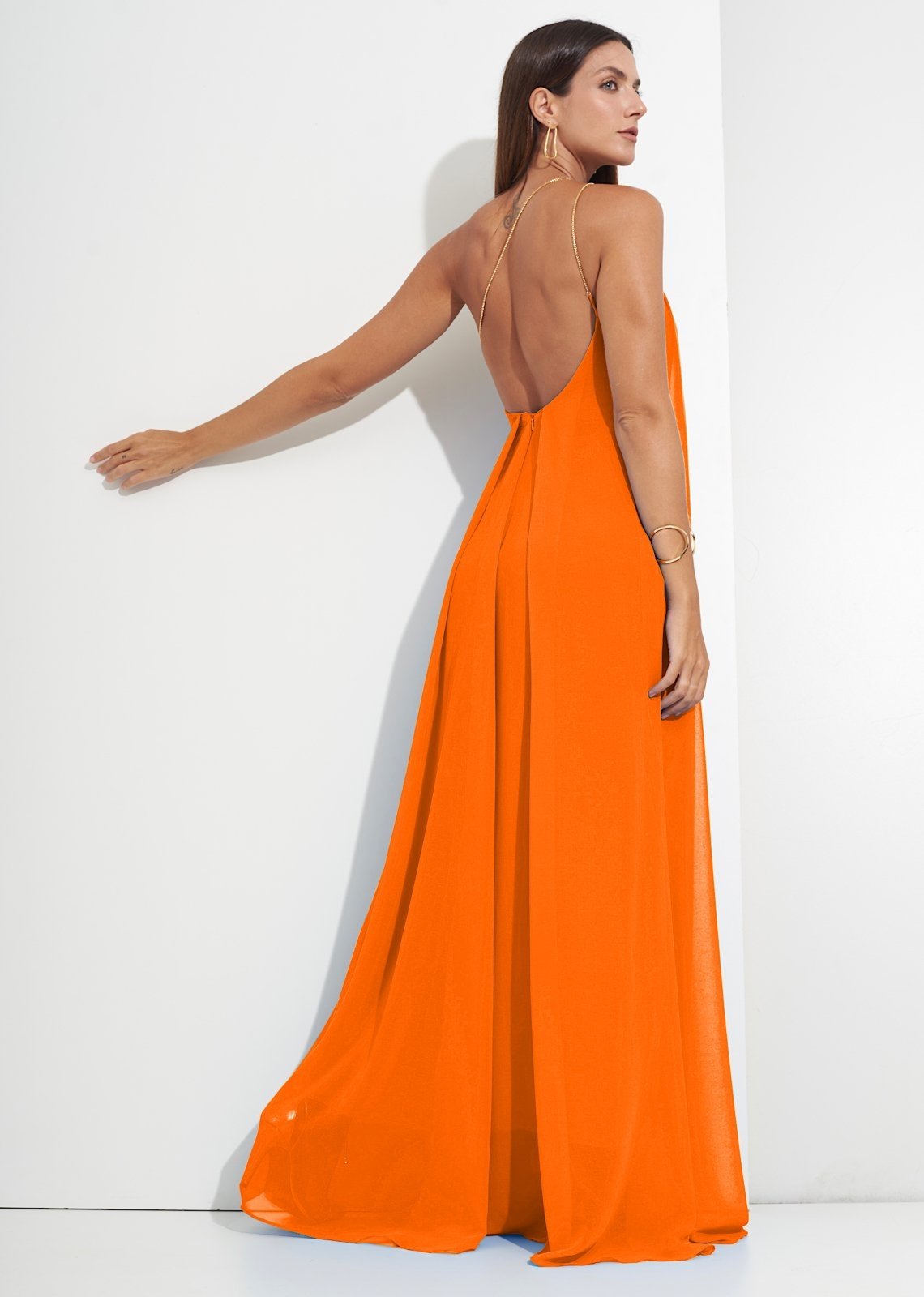 Vestido Festa Laranja Neon Corrente Dourada
