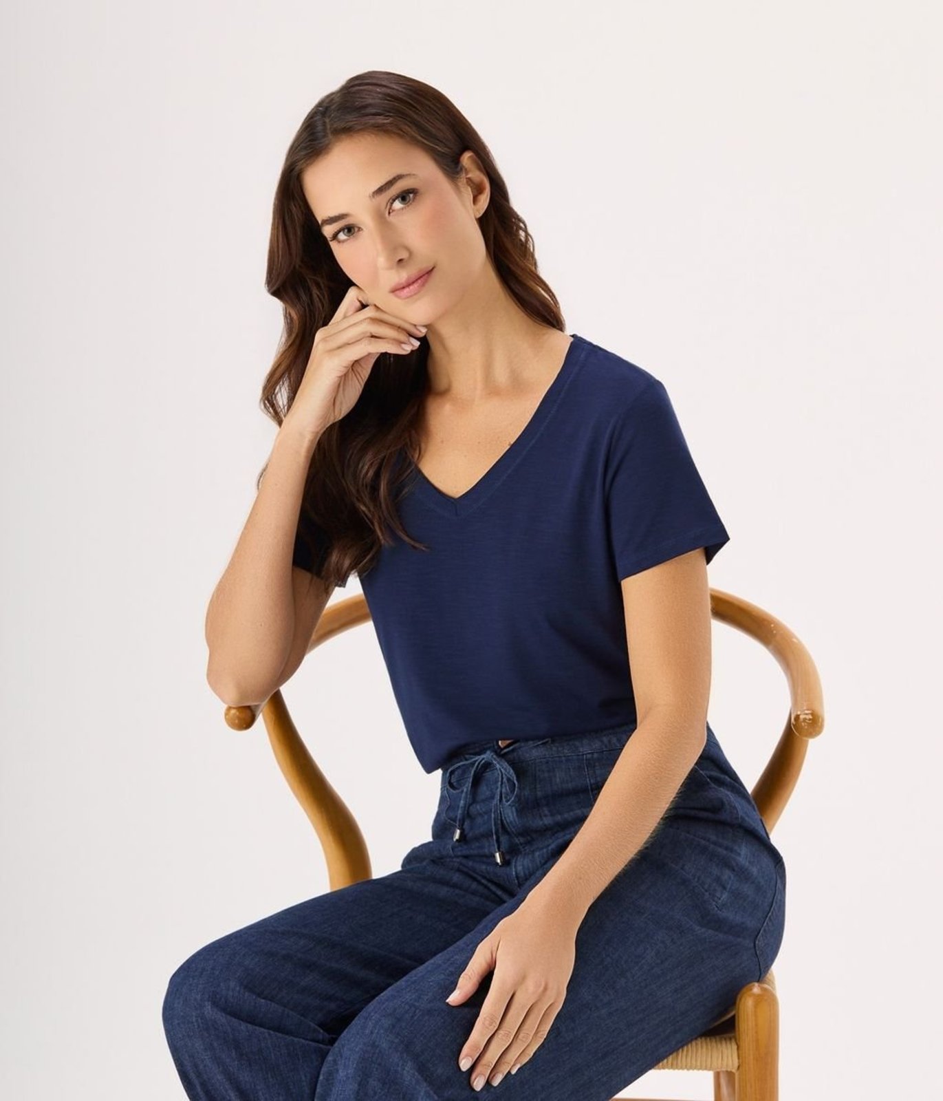 Blusa Decote V Feminina Azul Marinho