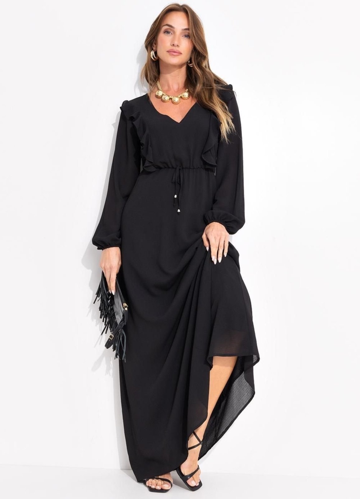 Vestido Feminino Preto Em Crepe Plano Quintess