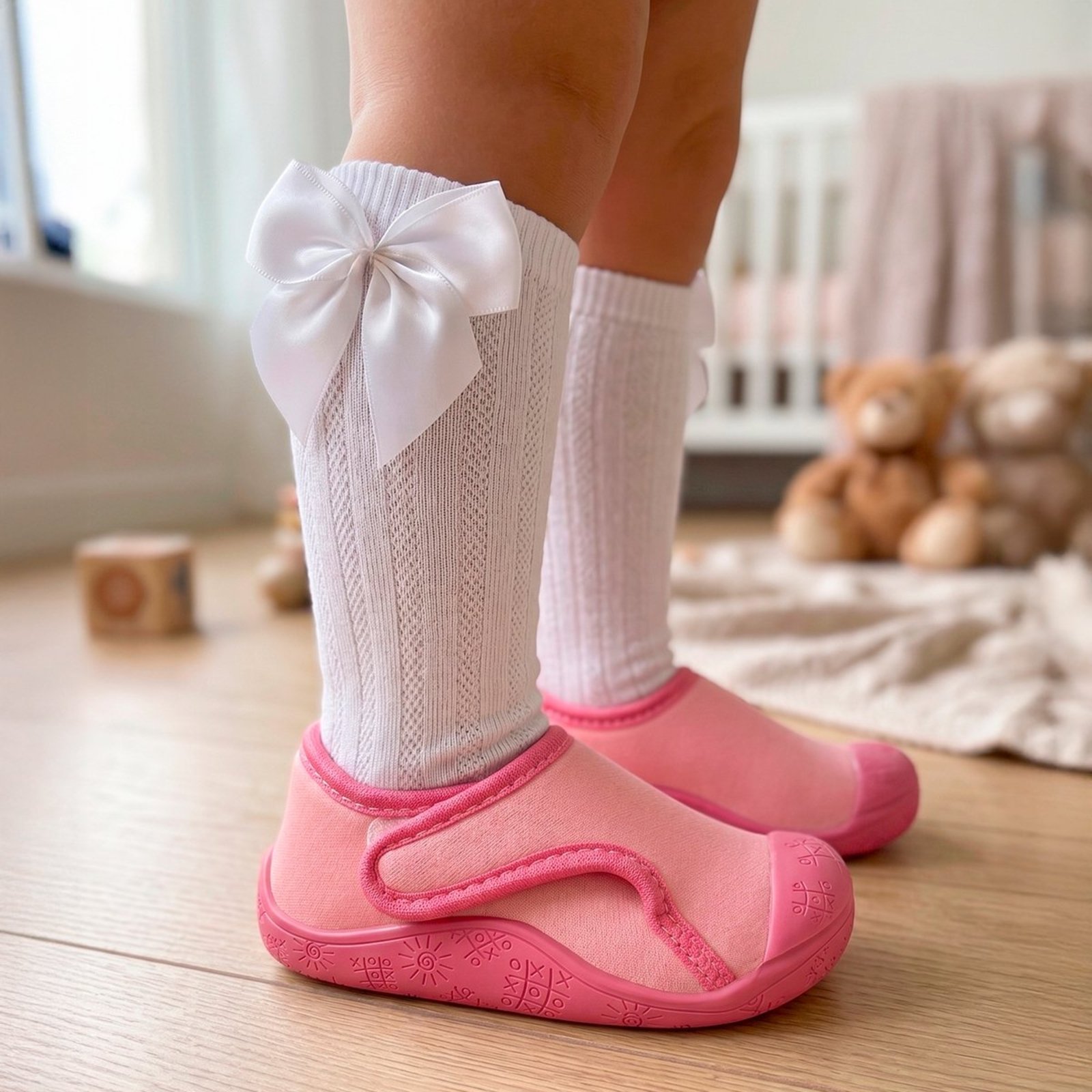Infantil - Kit Sapatinho de Rosa com Bico Protetor dos Dedos e Meia Branca Laço Cetim Pepite