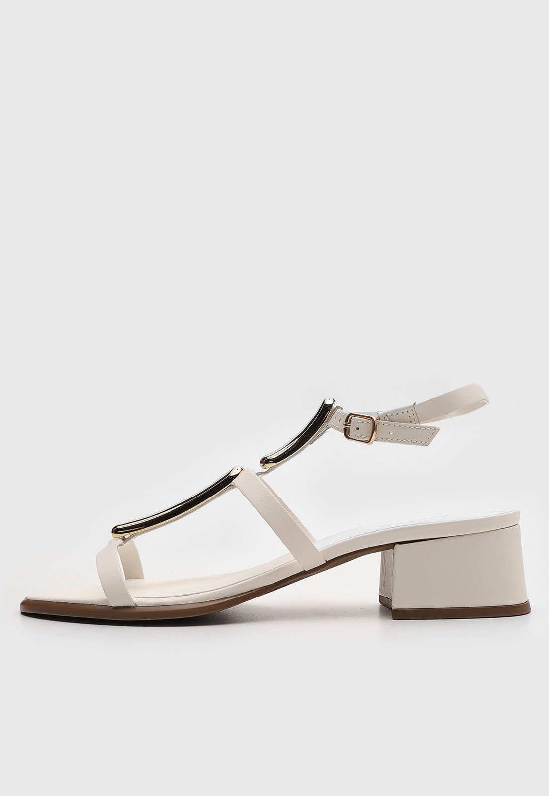 Sandália Feminina Arezzo Tiras Metálicas Douradas Salto Bloco Off-White