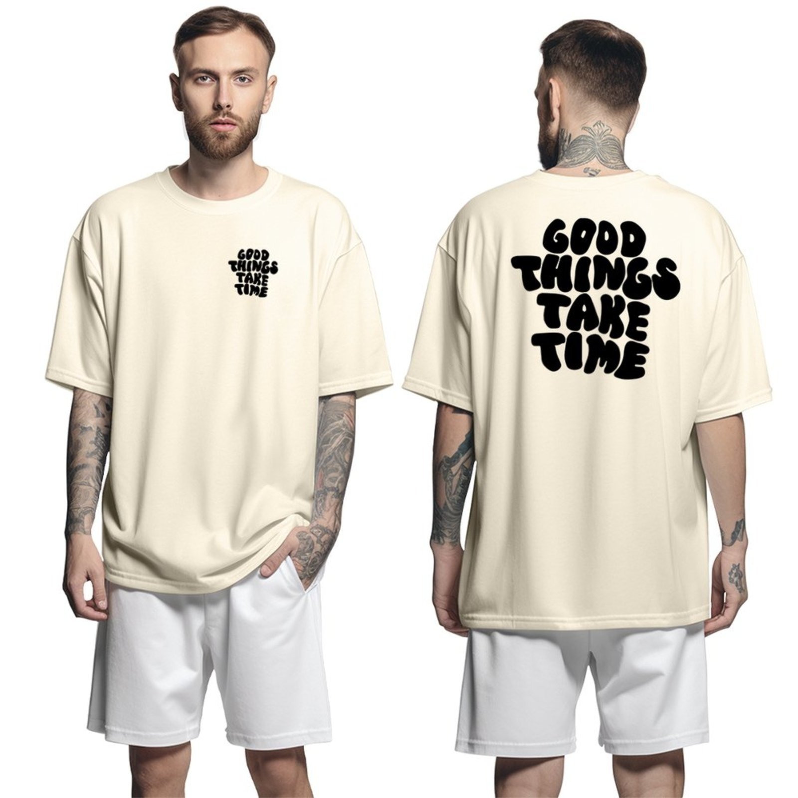 Camisa Camiseta Oversized Streetwar Genuine Grit Masculina Larga 100% Algodão 30.1 Good Things Take Time – Bege – P