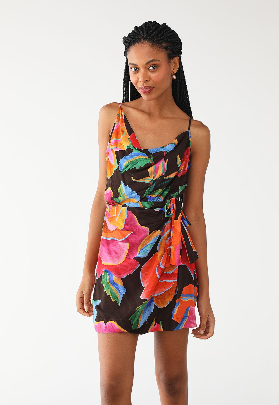 Vestido FARM Curto Rosas Pintadas Marrom Vestido FARM Curto Rosas Pintadas Marrom