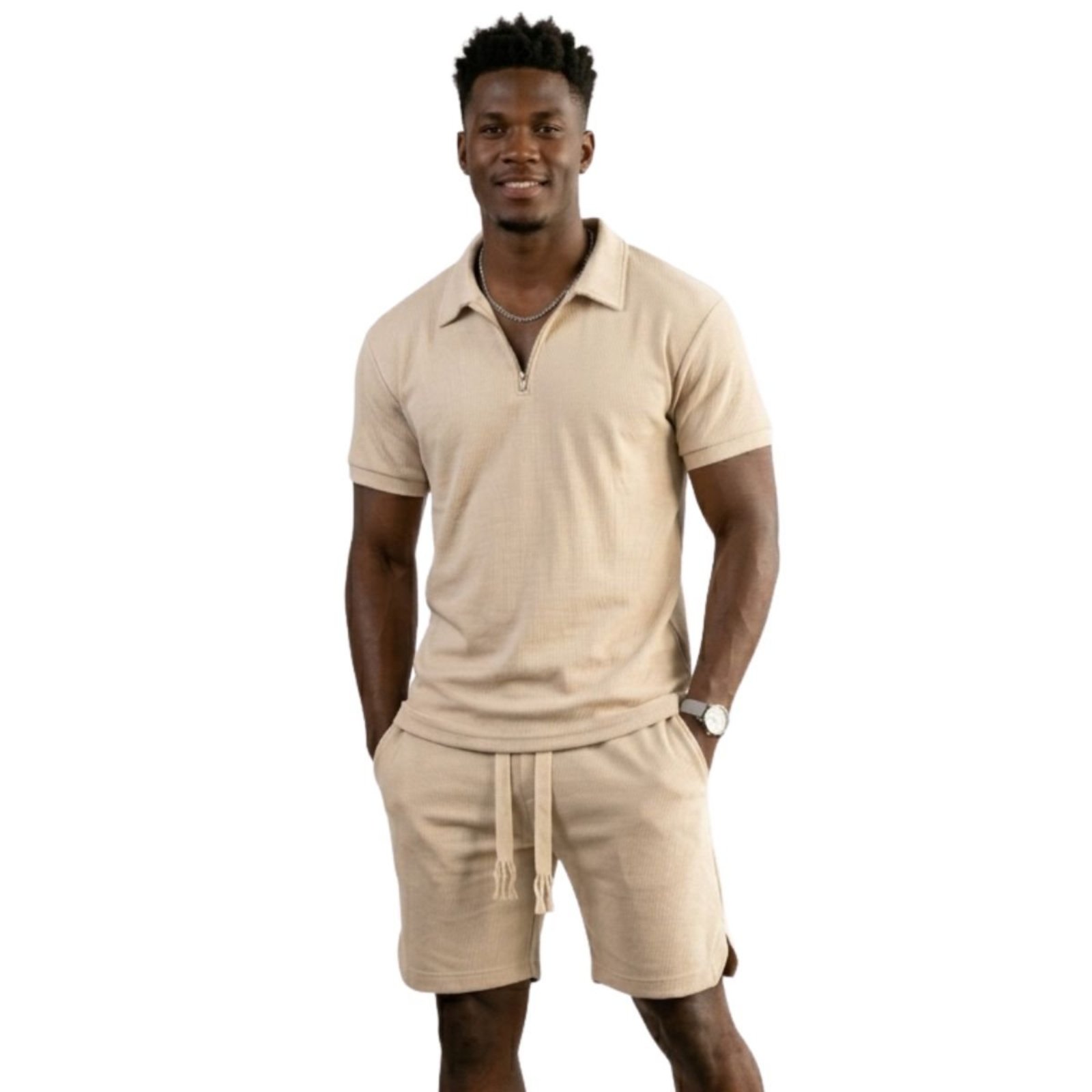 Conjunto Masculino Oversized Suedine Premium Polo e Bermuda Bege