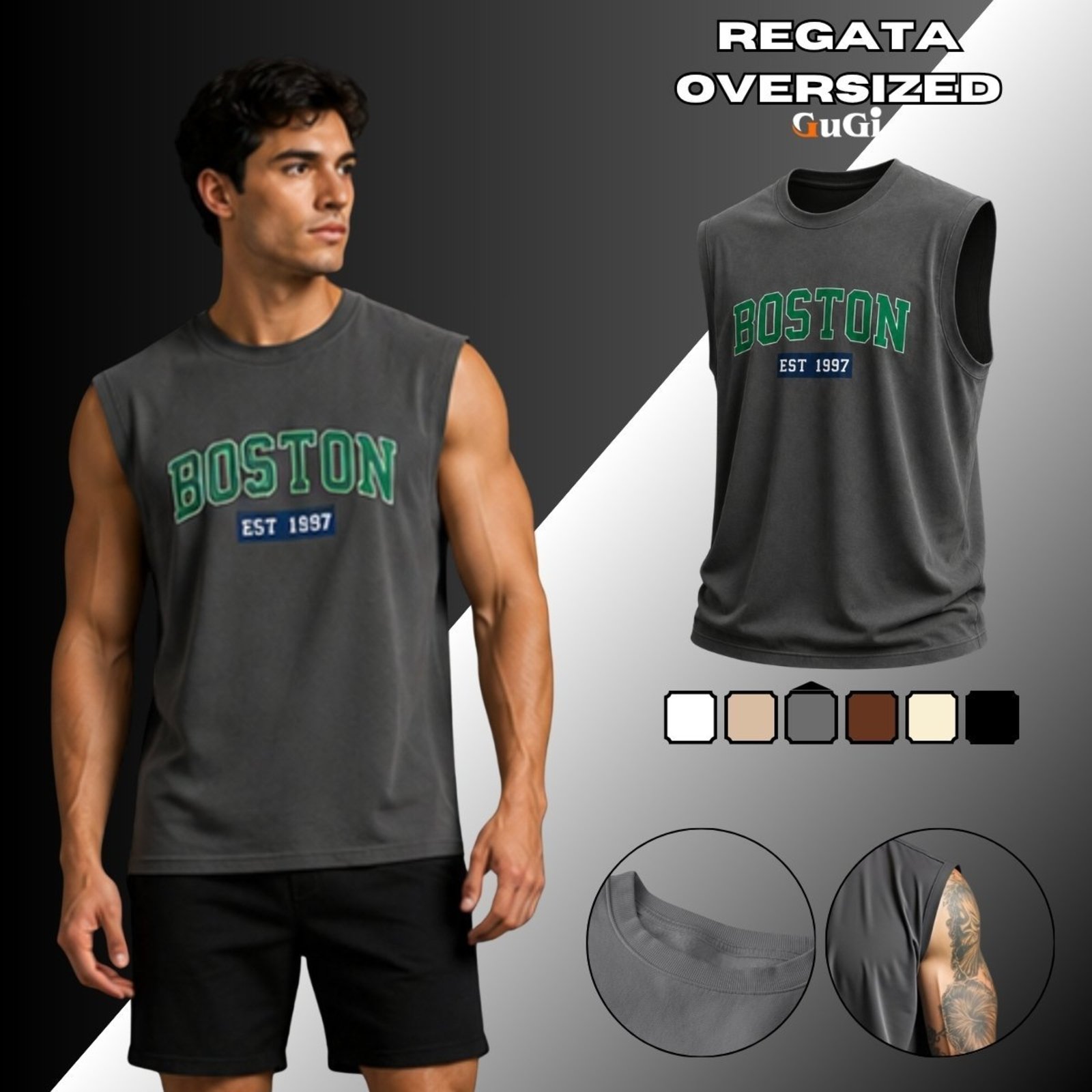 Camiseta Regata Masculina Oversized Estampada Boston Est 1997 100% Algodão 30.1 Chumbo