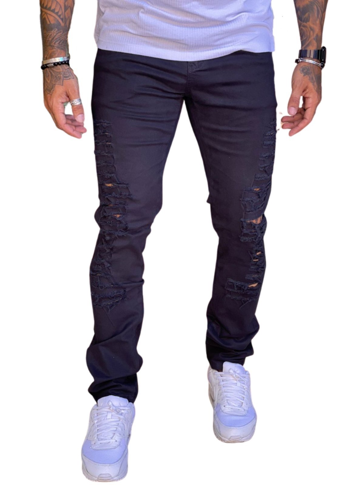 Calça Skinny Masculino Jeans Light Preto Rasgado