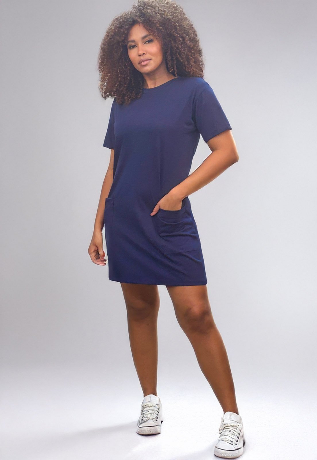 Vestido Cabanafree Curto Algodão Manga Curta 02 Bolsos Azul Marinho