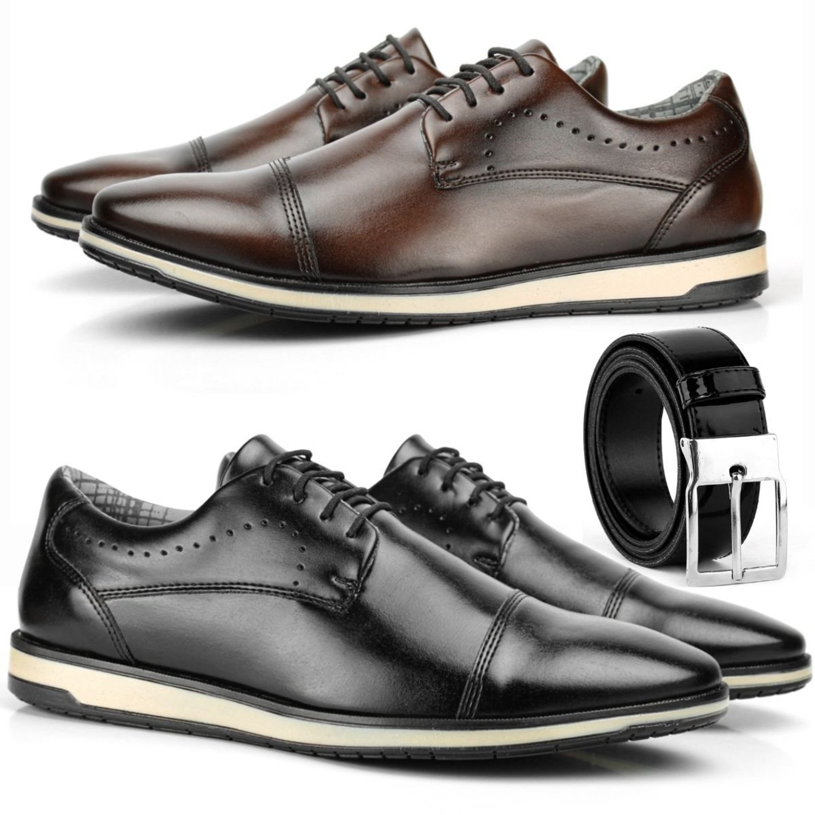 Sapatos Social Preto Masculino Sapatofran Oxford Café Cinto Dupla Face Kit 2