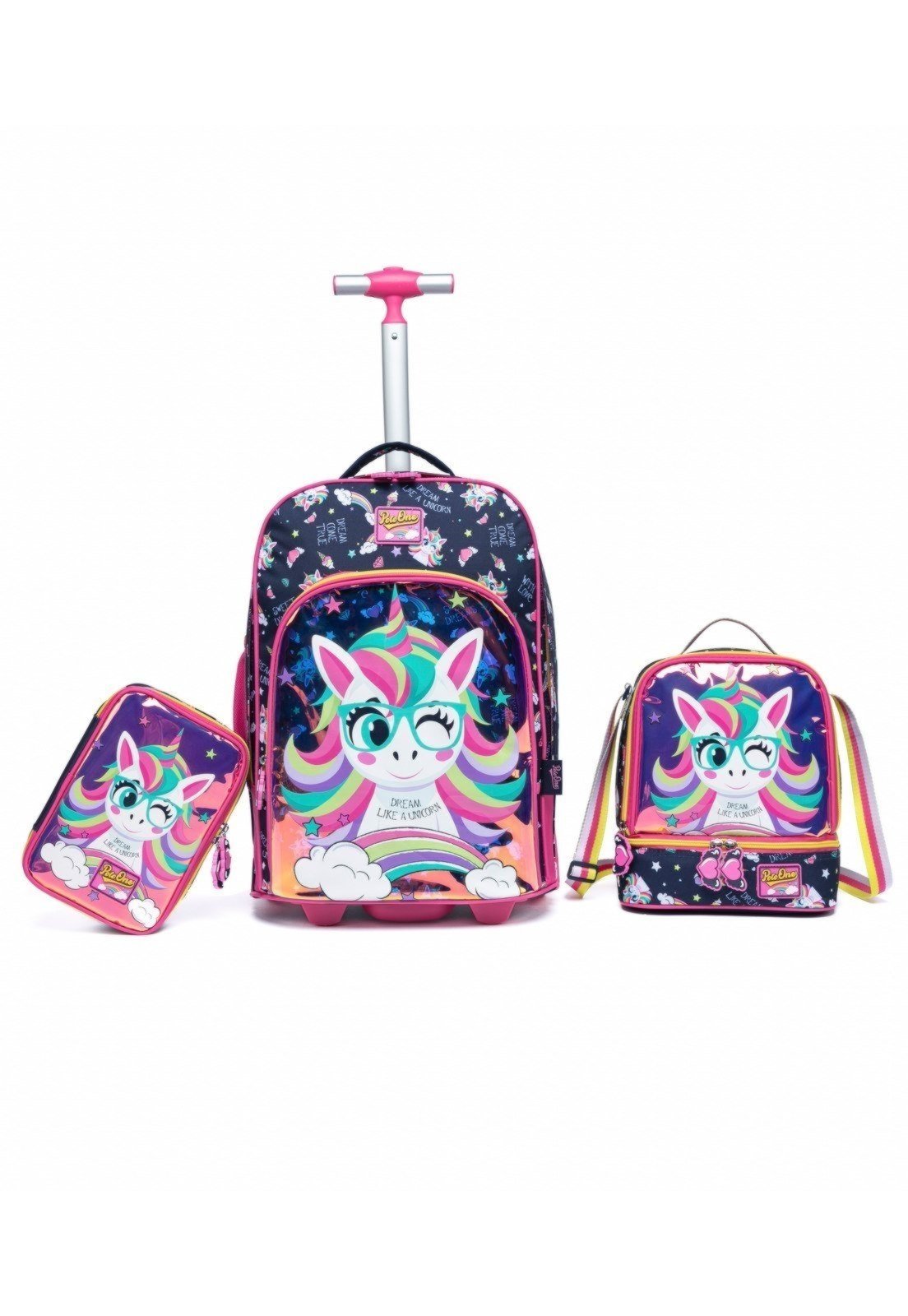Infantil – Kit Polo One Mochila De Rodinhas Escolar Unicórnio Lancheira Térmica Estojo
