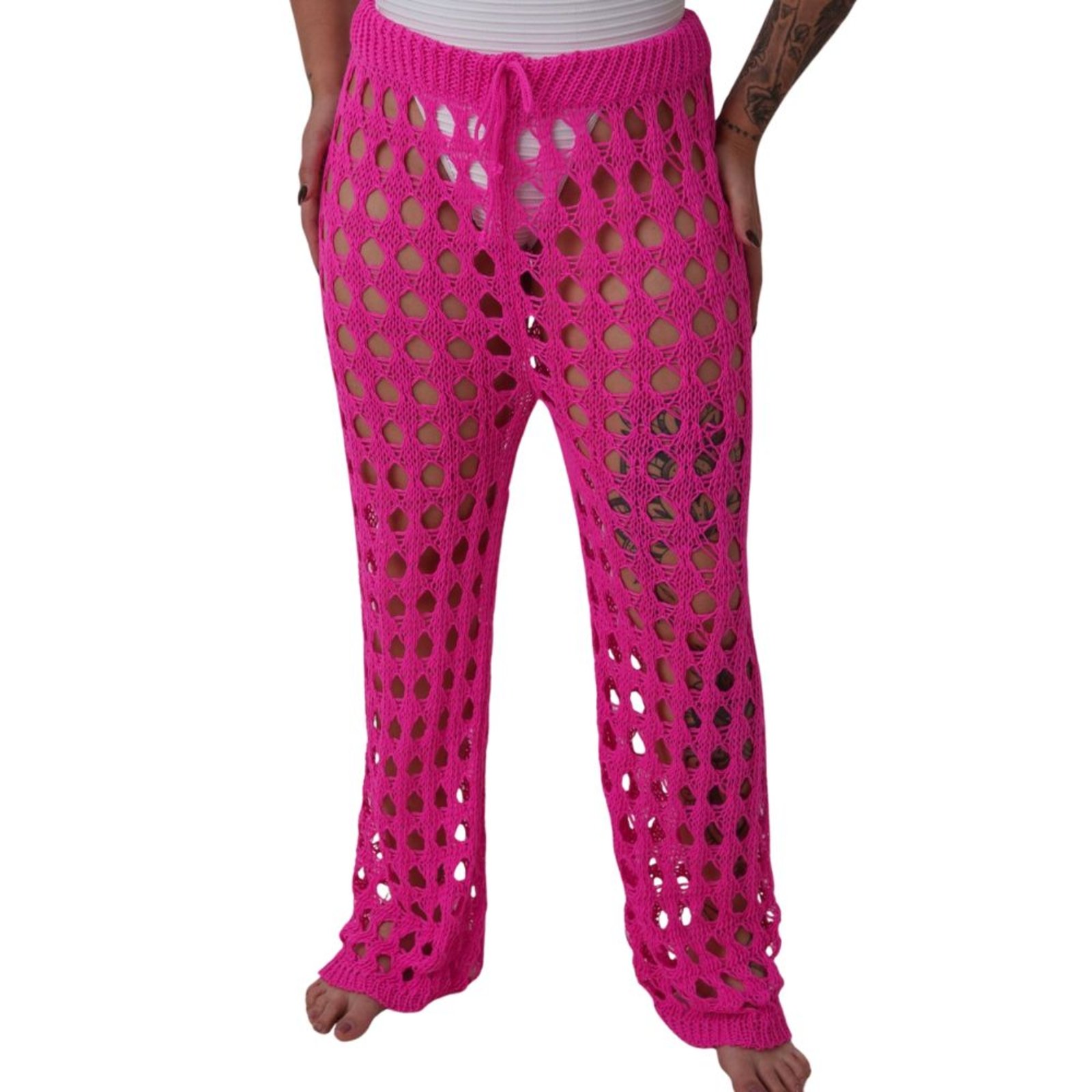 Calça Tricô Saída De Praia Feminina Pantalona Luxo Tendencia Rosa Chiclete