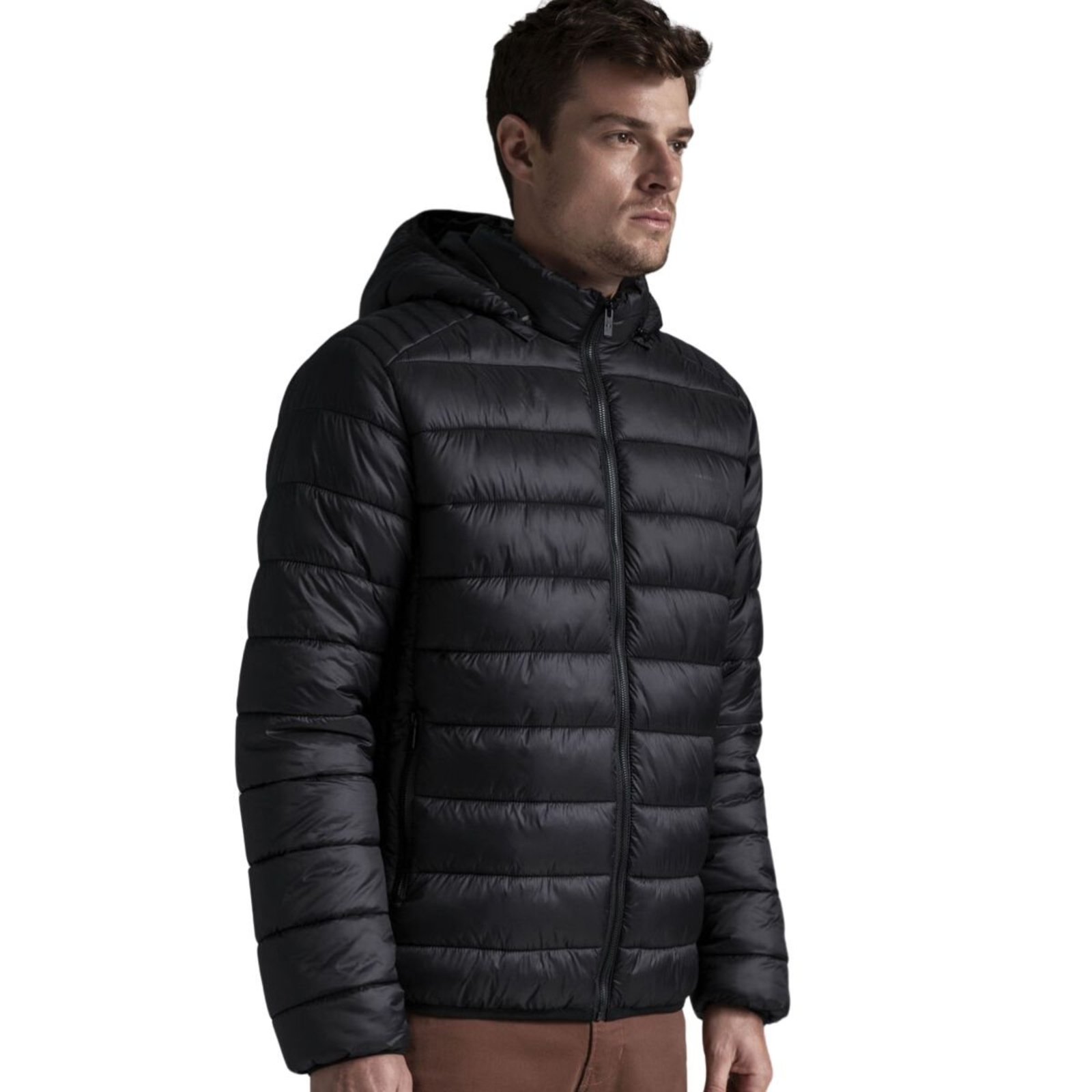 Jaqueta Masculina Puffer Industrie Lisa Impermeável com Capuz Removível e Isolamento Térmico Preto