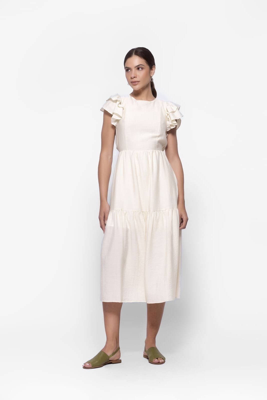 Vestido Midi Lemmut com Babados nas Mangas Off White