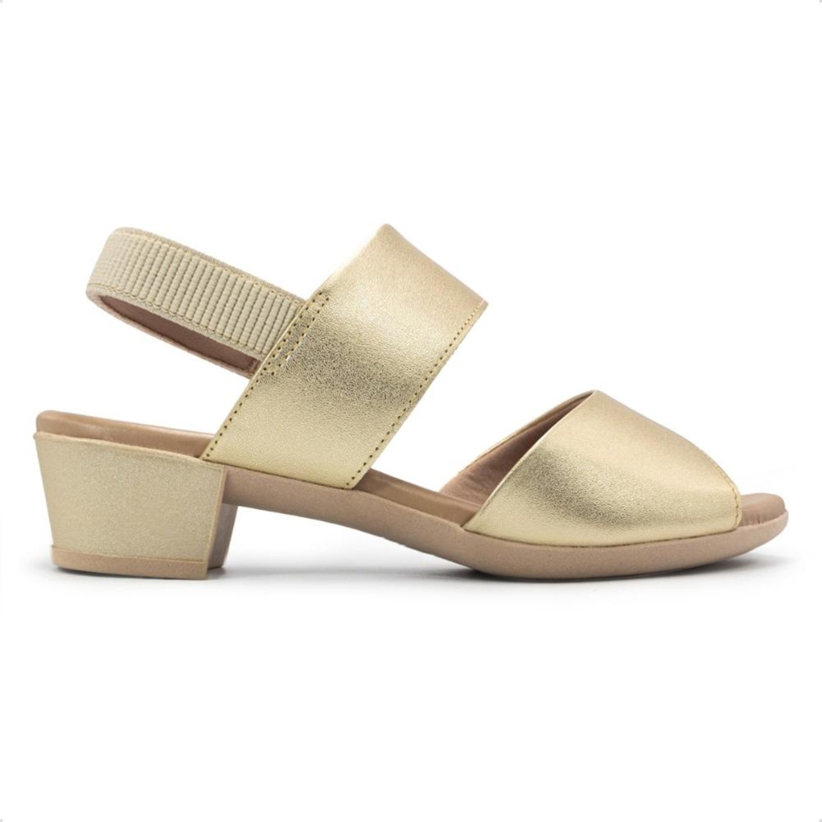 Sandália Usaflex Feminina Couro Salto Bloco Elástico Calcanhar Casual PA02002 Dourado