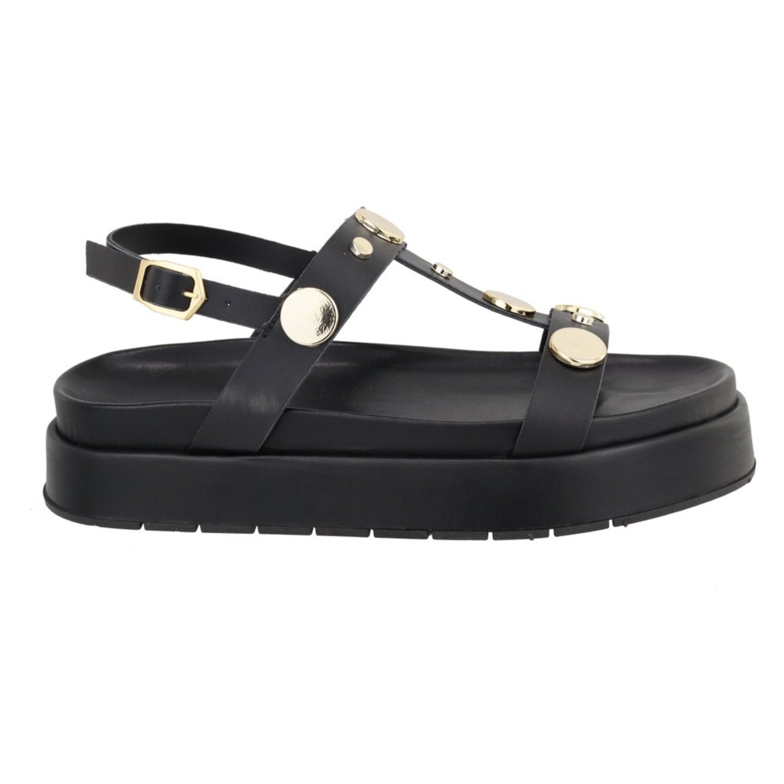 Sandália Flatform Amarena Preto Fivela Regulável Detalhe Metais Moedas