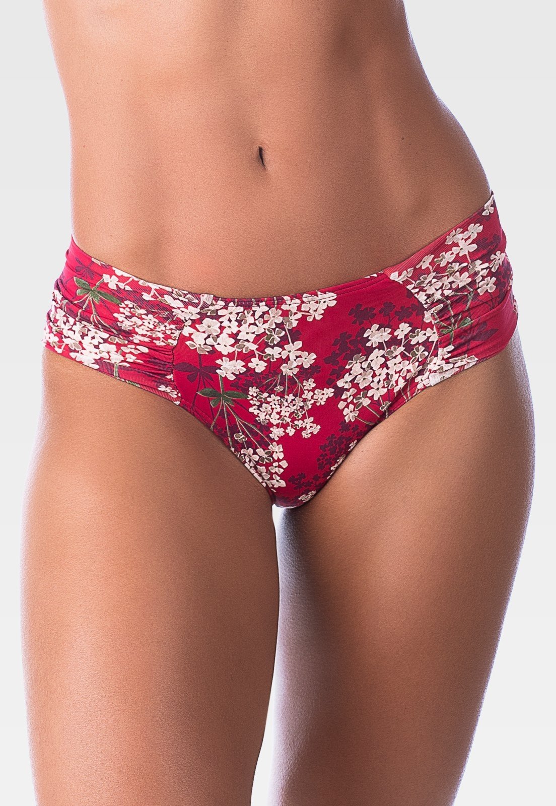 Calcinha de Biquíni Summer Soul Cintura Baixa Lateral Franzida Floral Vermelho