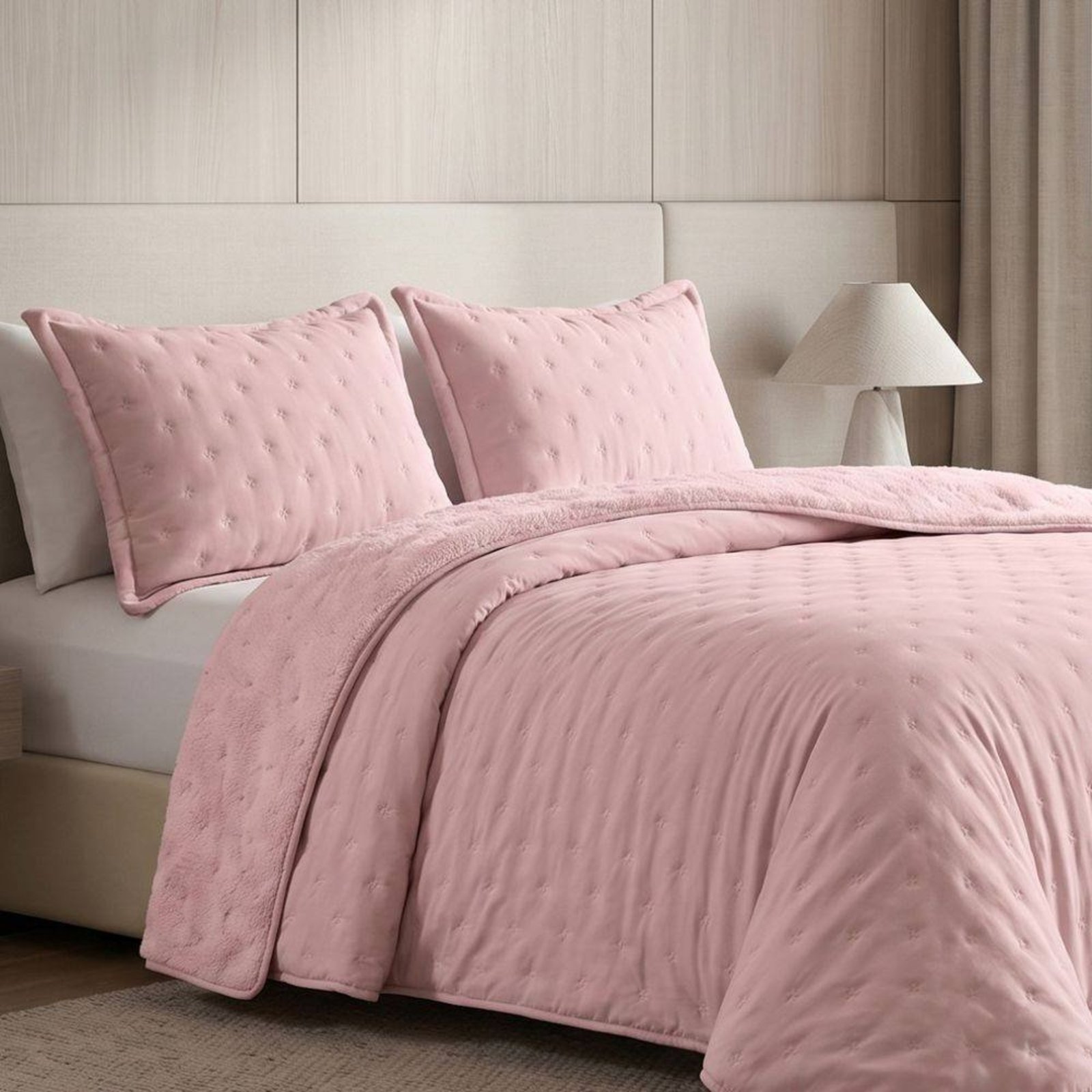 Cobre Leito King Casa Modelo Enxovais Dupla Face 300 fios com Sherpa 3 Peças Rosa