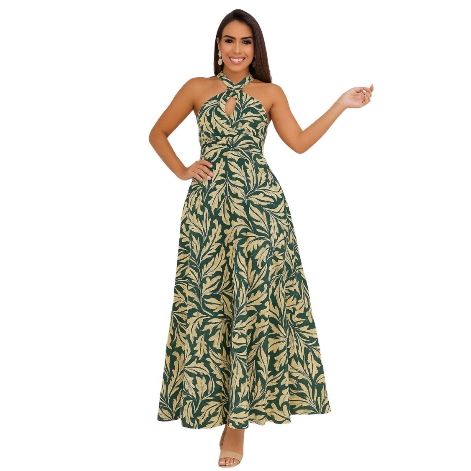 Vestido Longo Indiano FMF Verde Estampado Premium