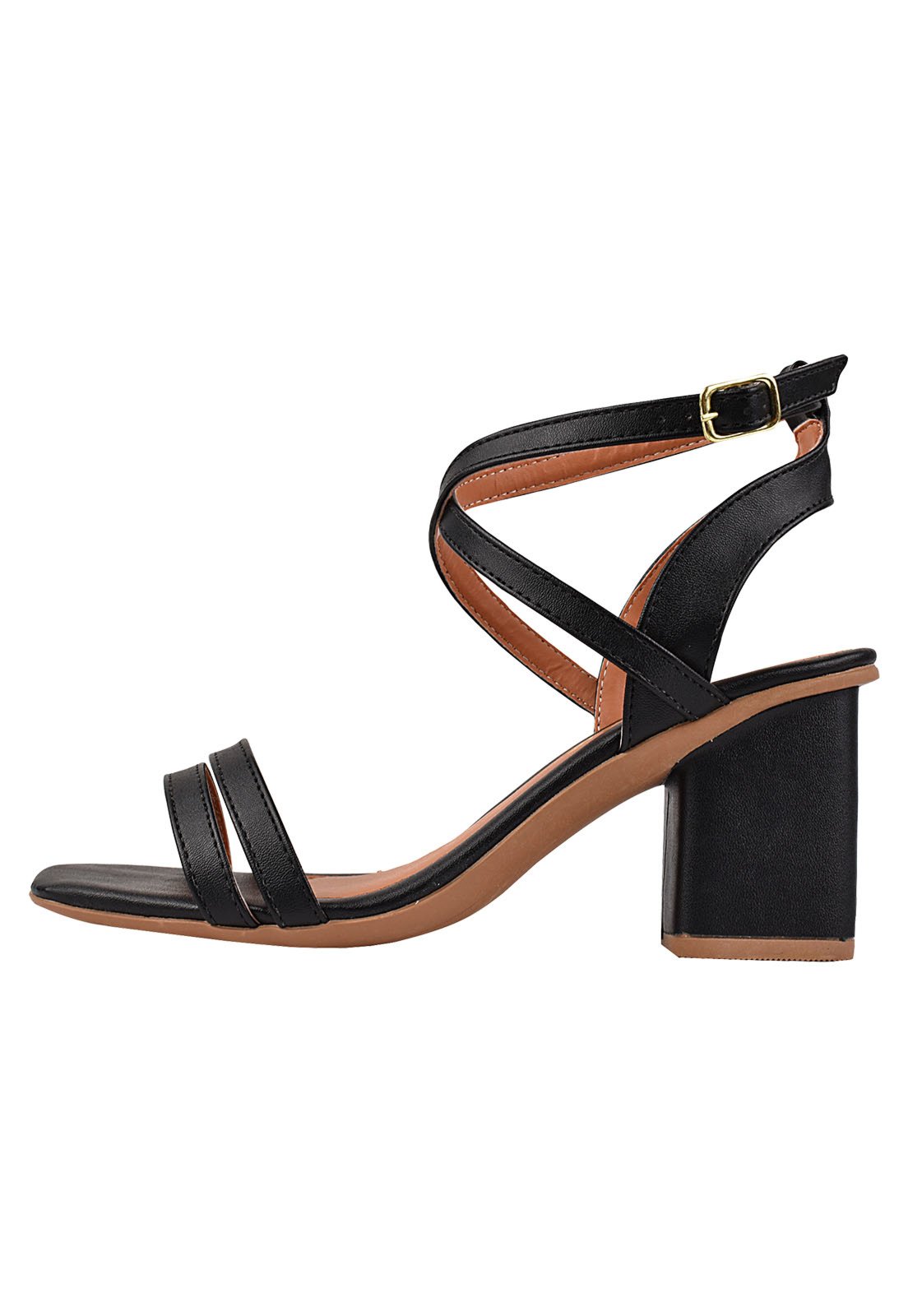 Sandália Salto Grosso Rosa Chic Calçados Feminino Salto Baixo Bloco Bico Quadrado Preto