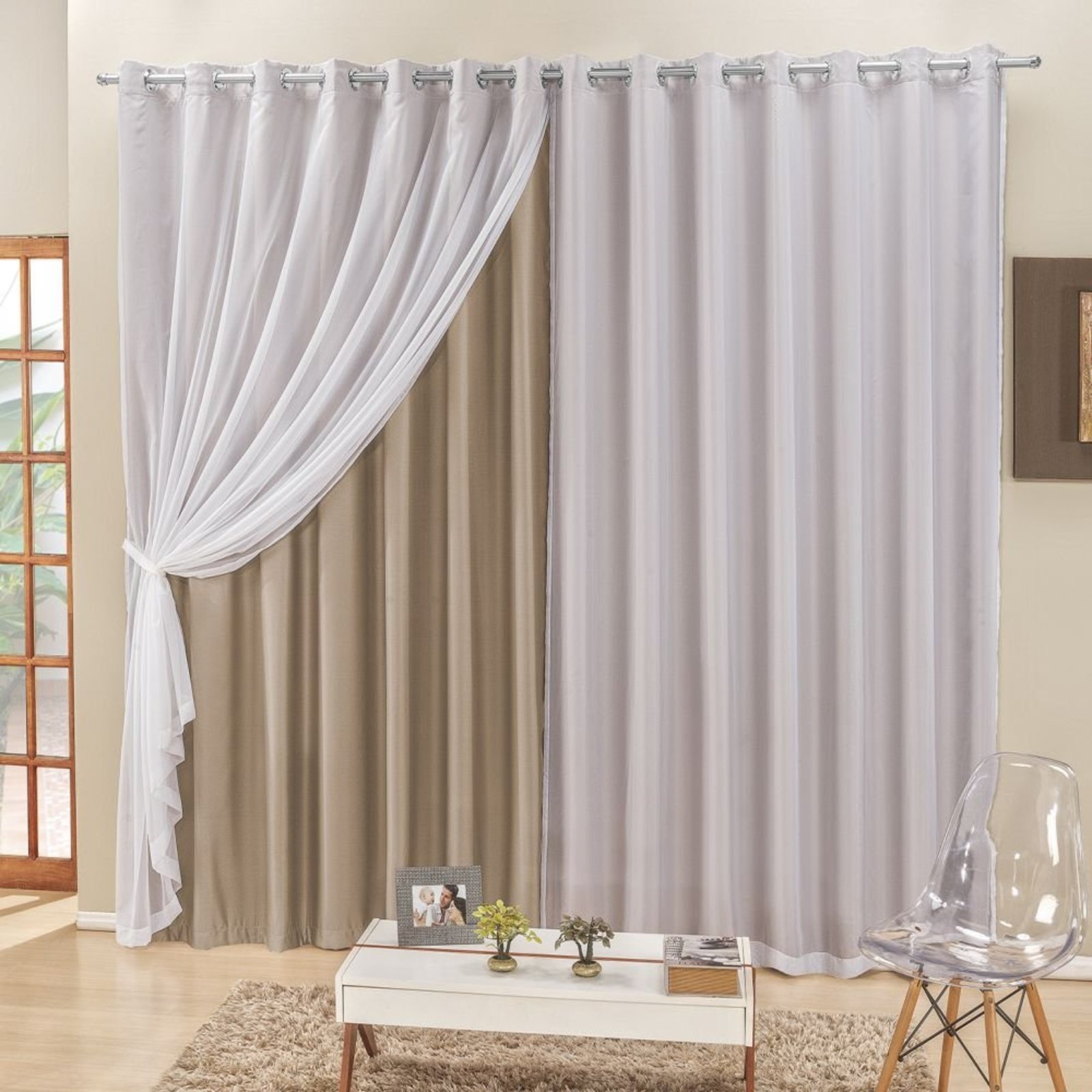 Cortina 2 Mts Sala Quarto Voal e Semiblackout para Varão Bege - 100% Poliéster