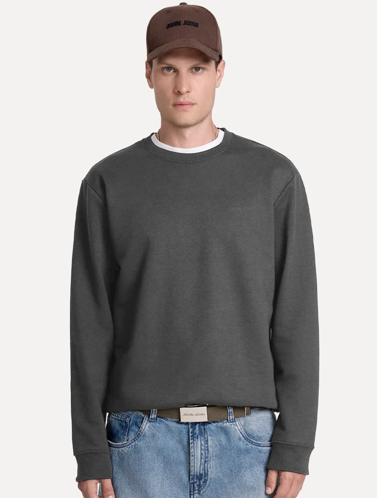 Moletom John John Masculino Crewneck Simple Cinza Médio