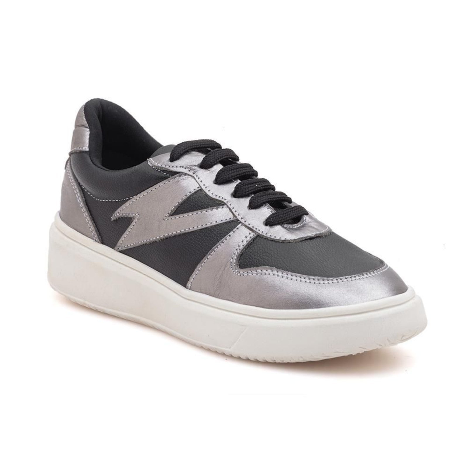 Tênis Feminino Casual Couro Via Miss Amarração Confortável Prata