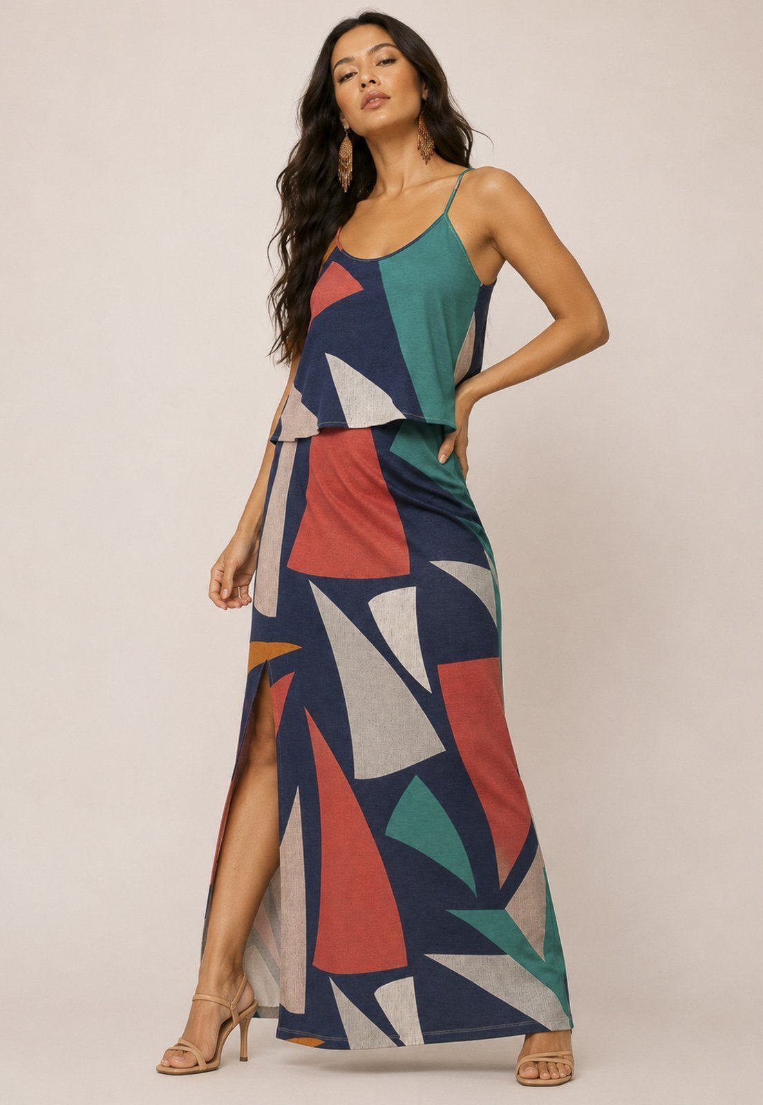 Vestido Amazonia Vital Longo Amana Malha Aberturas Estampa Geometrias do Tempo