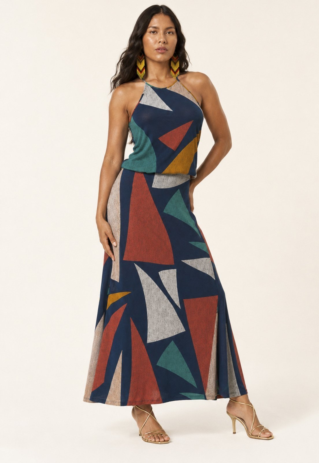 Vestido Longo Amazônia Vital Malha Trapézio com Elástico na Cintura Geometrias do Tempo