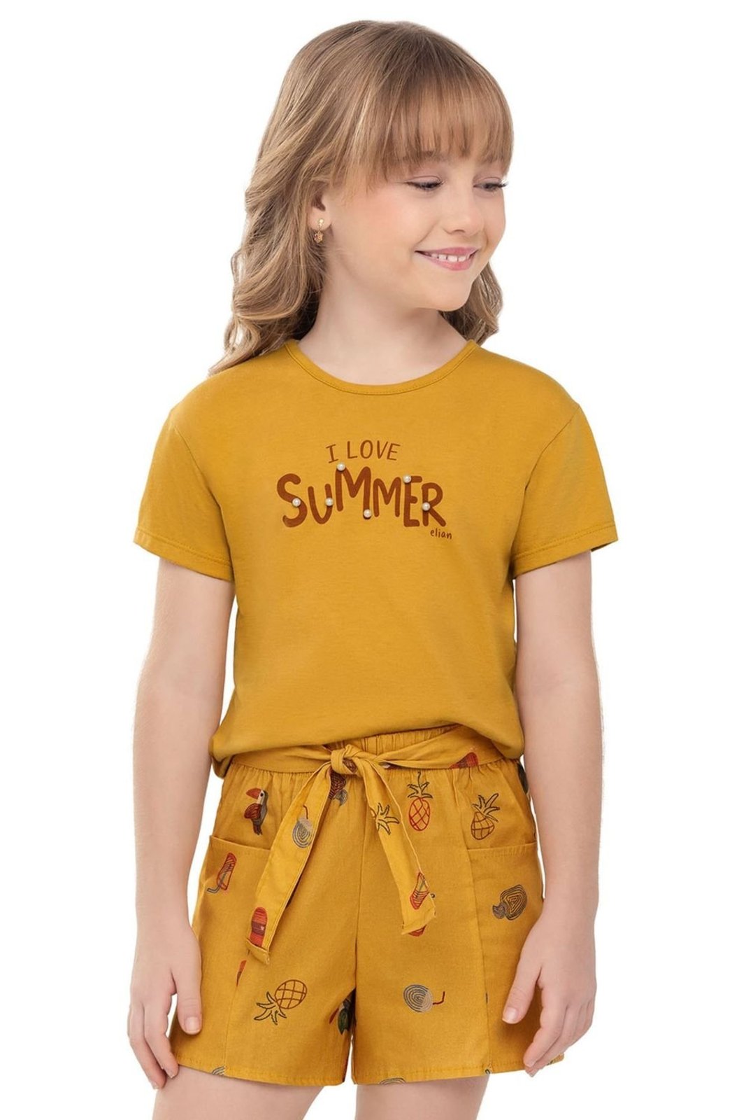 Infantil - Conjunto Menina Tricoline Tropical Elian Amarelo