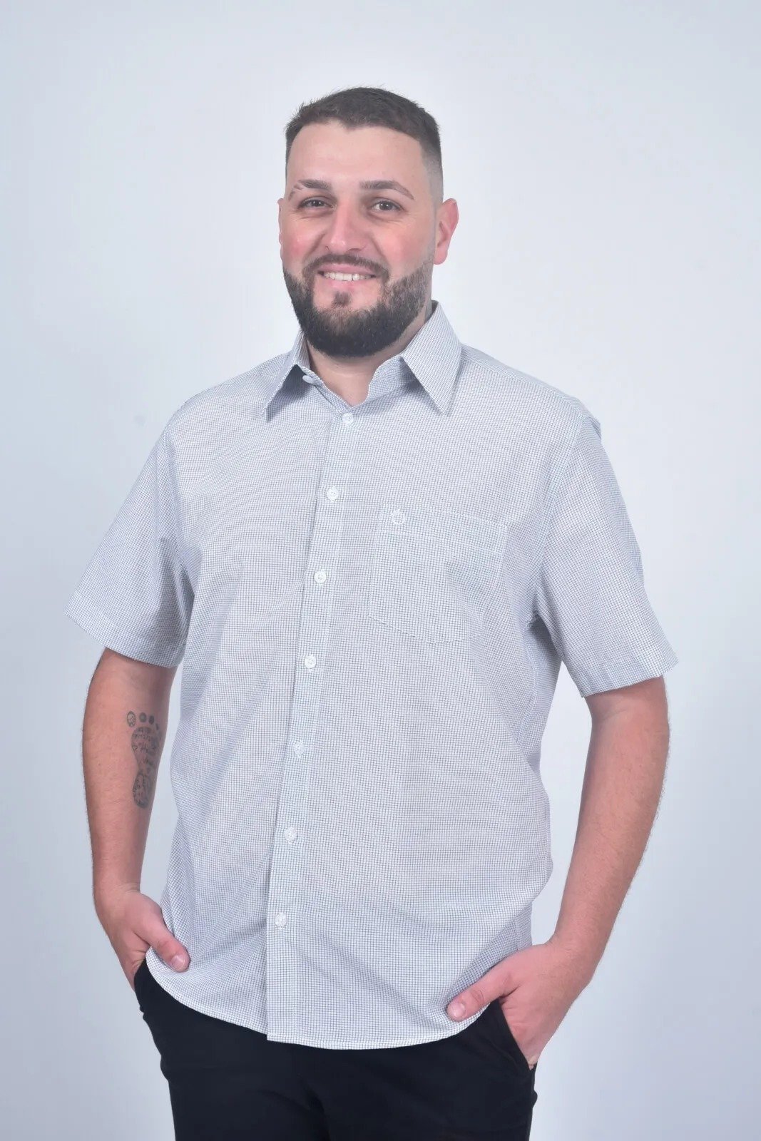 Camisa Social Masculina Olimpo Xadrez Manga Curta Branca