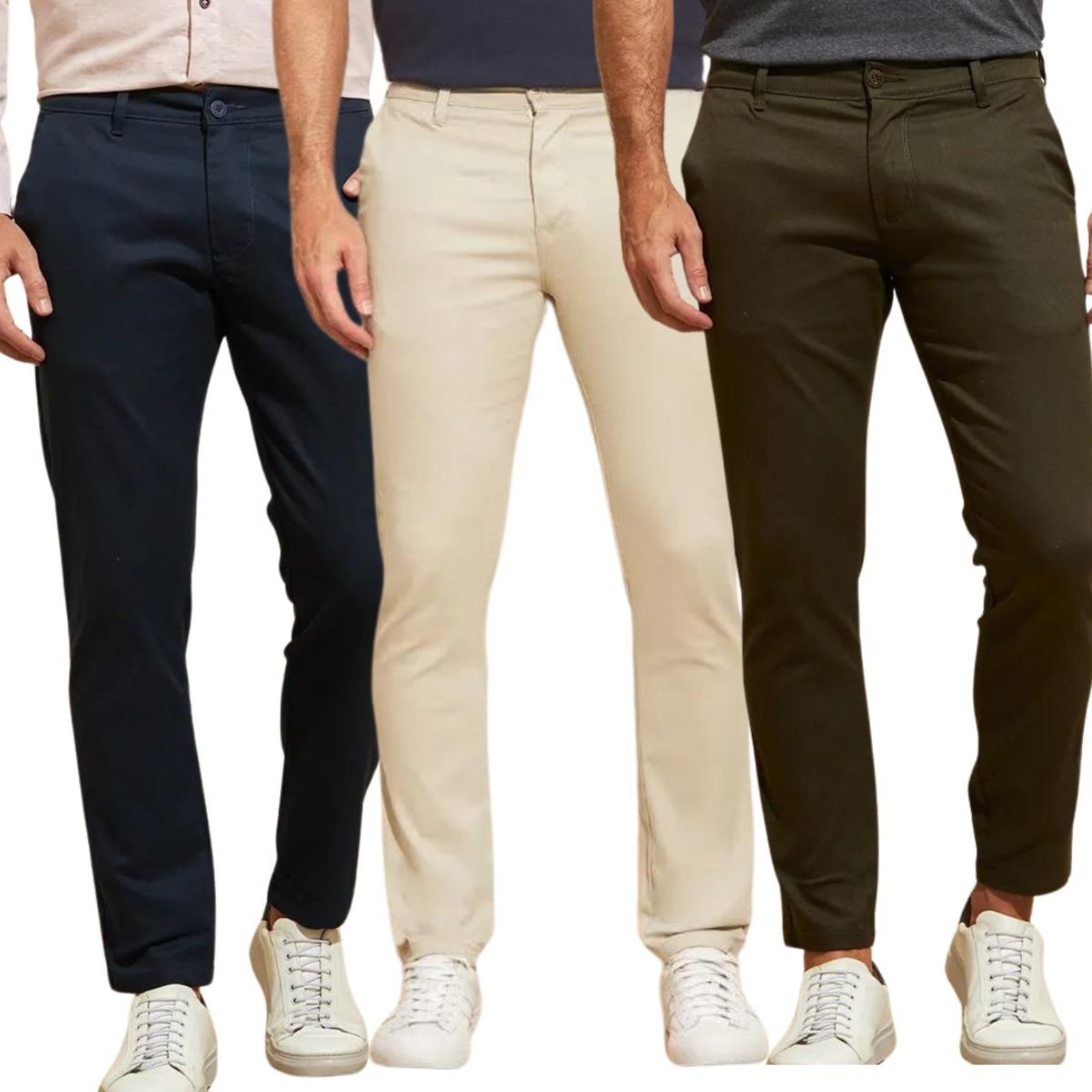 Kit 3 Calças FMF de Sarja Chino Com Bolso Traseiro Embutido Alfaiataria Skinny Colorido