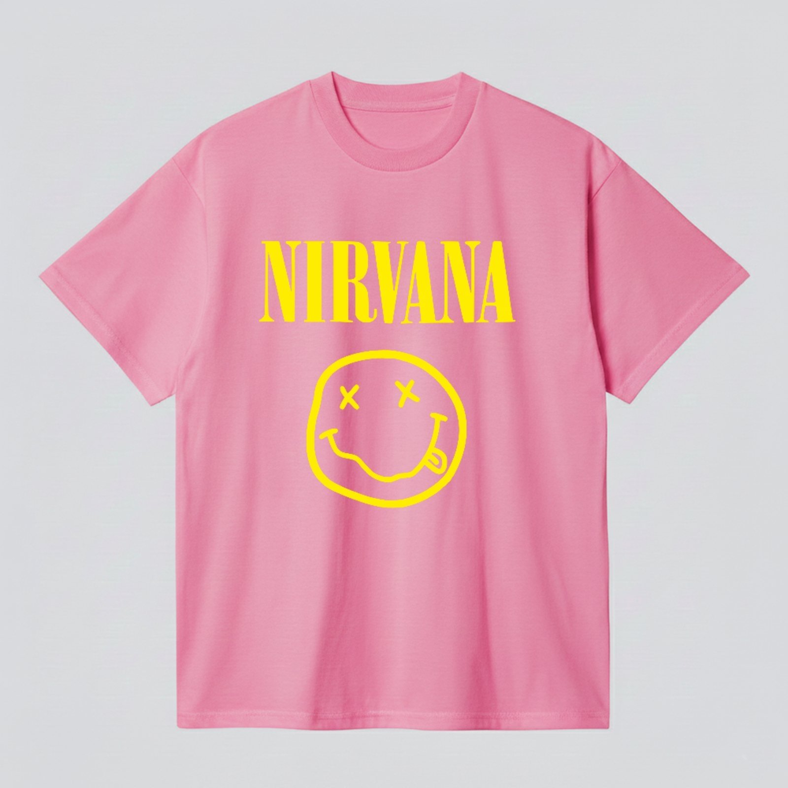 Camiseta Básica Nirvana Smiley Rock Vintage Grunge Unissex Rosa