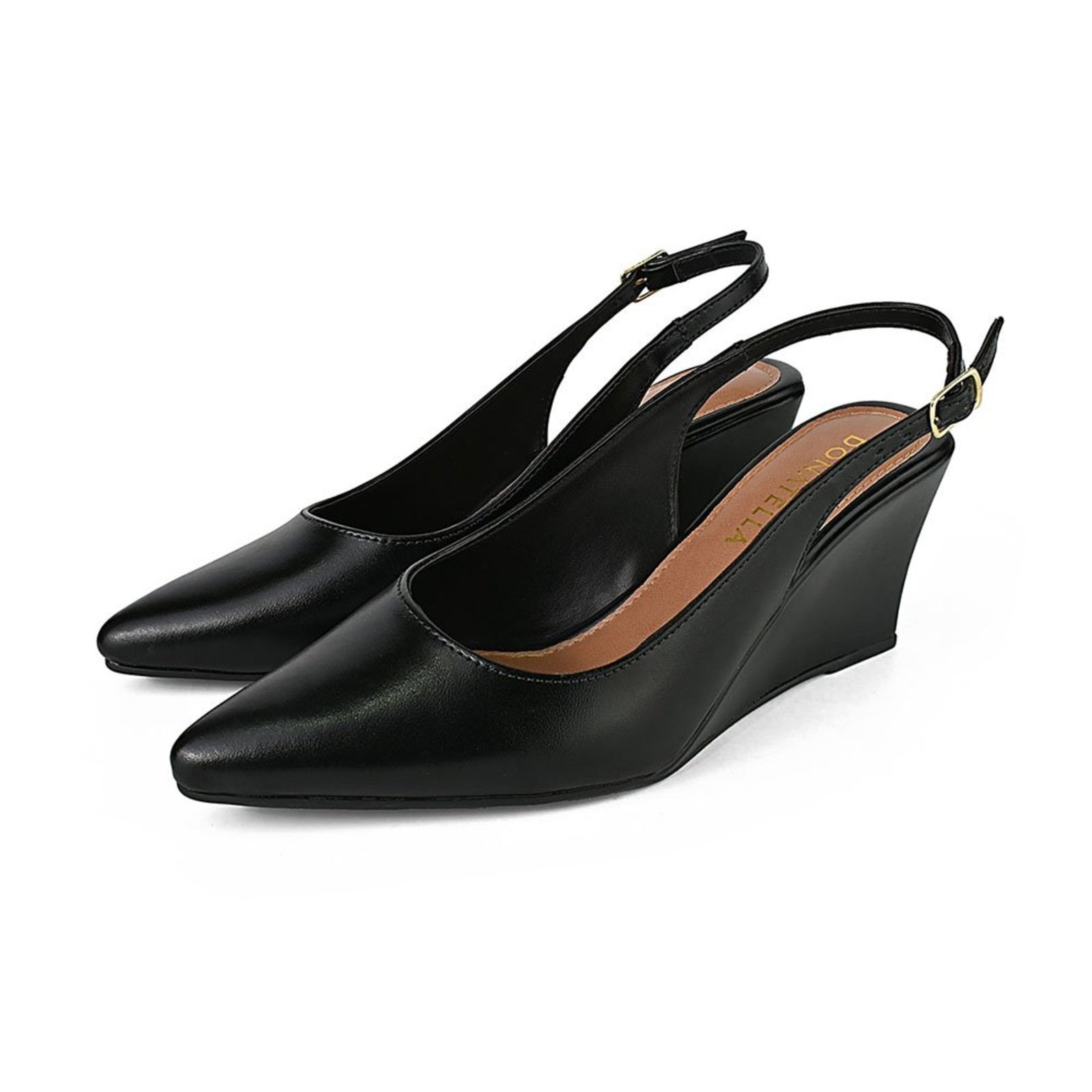 Sapato Scarpin Feminino Bico Fino Slingback CM Calçados Confort Social Salto Anabela Fivela Lateral Preto