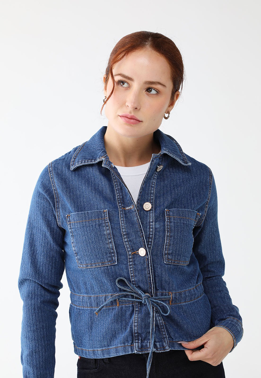 Jaqueta Jeans Sawary Reta Com ajuste frontal Azul