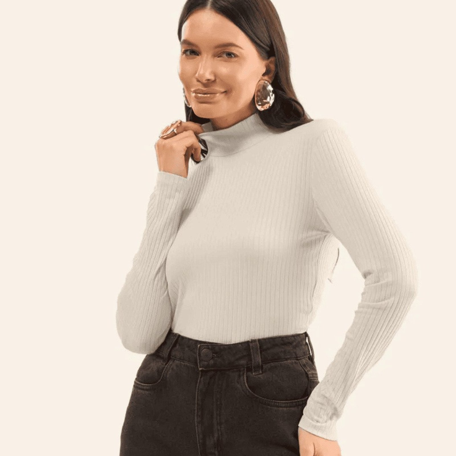 Blusa Gola Alta Manga Longa Ribana de Viscose Rovitex