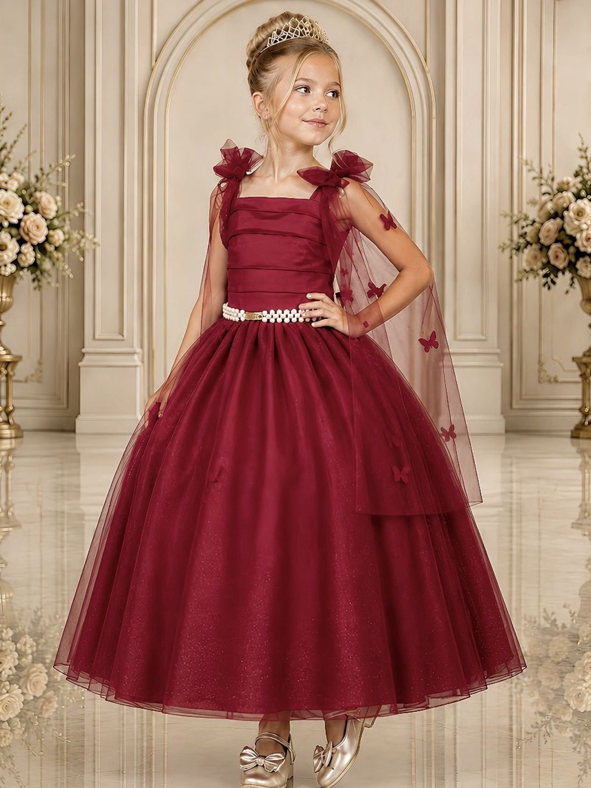 Infantil - Vestido Festa Longo Marsala Bordô Vinho Formatura Casamento Dama Daminha Borboletas Social Menina Juvenil Pérolas Juvenil Princesa Rodado Florista Aniversário Luxo