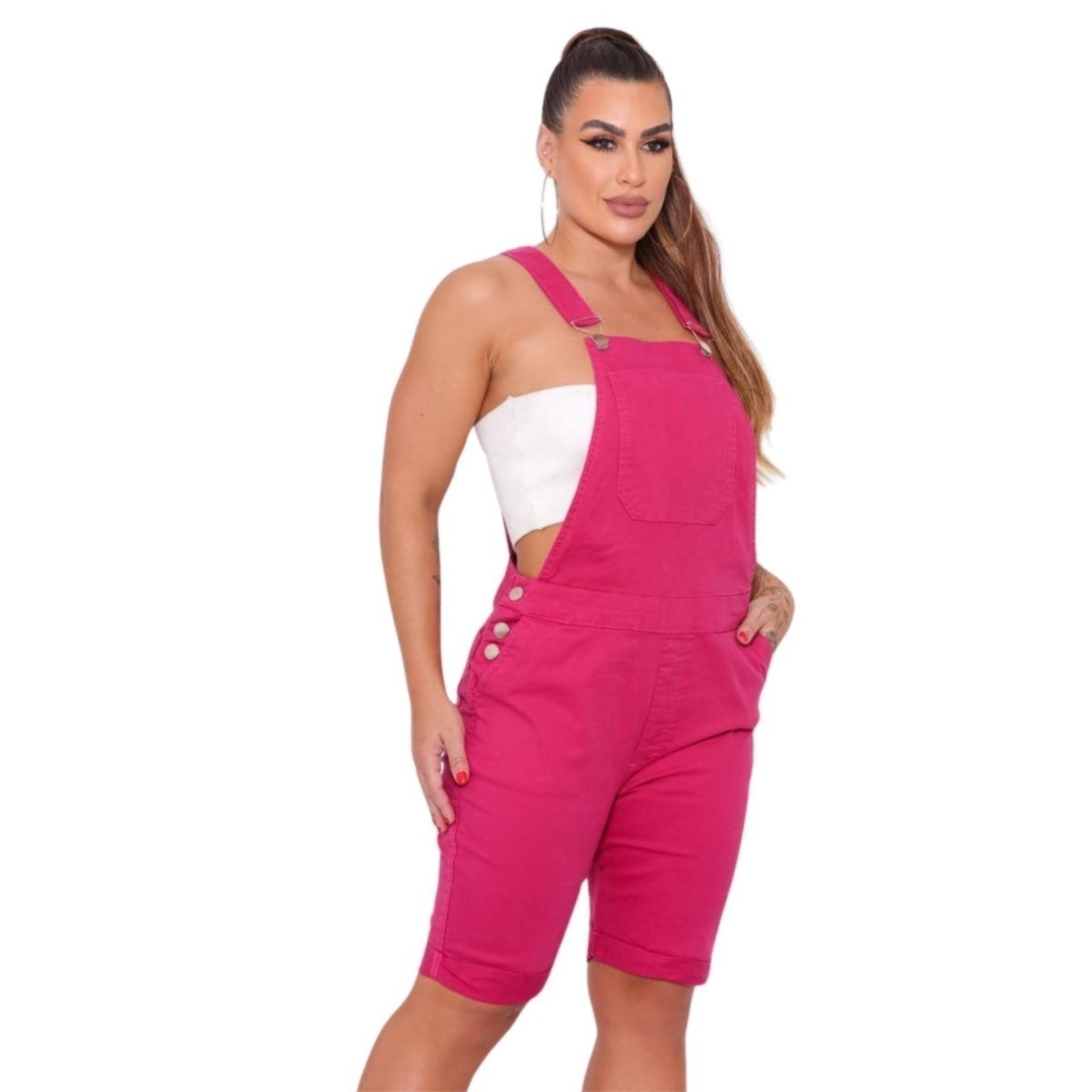 Macacão Jardineira Macaquinho Sarja Feminino Rosa Pink Alleppo Jeans