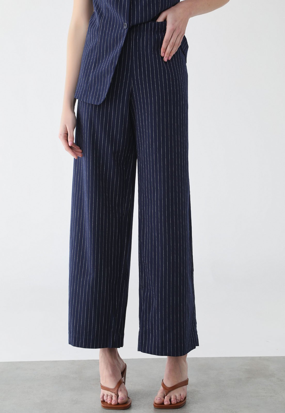 Calça Feminina GAP Listrada Cintura Alta Azul Marinho