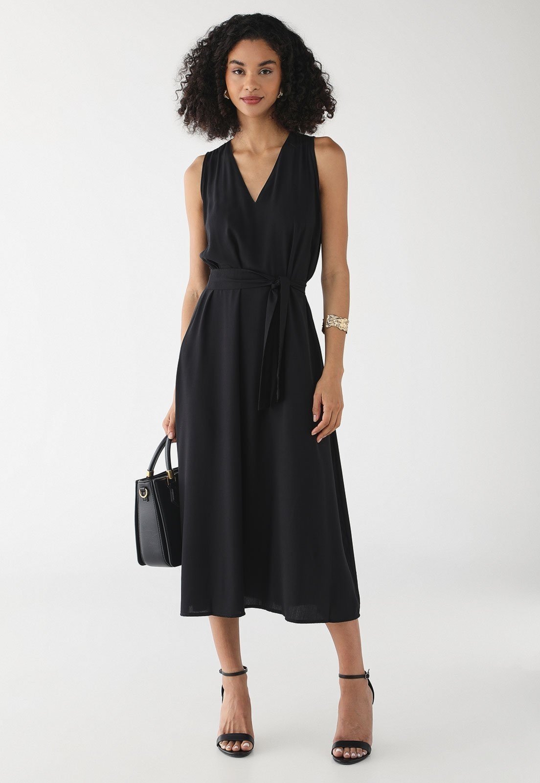 Vestido Feminino Pompier Midi Regata em Viscose com Amarração na Cintura Preto