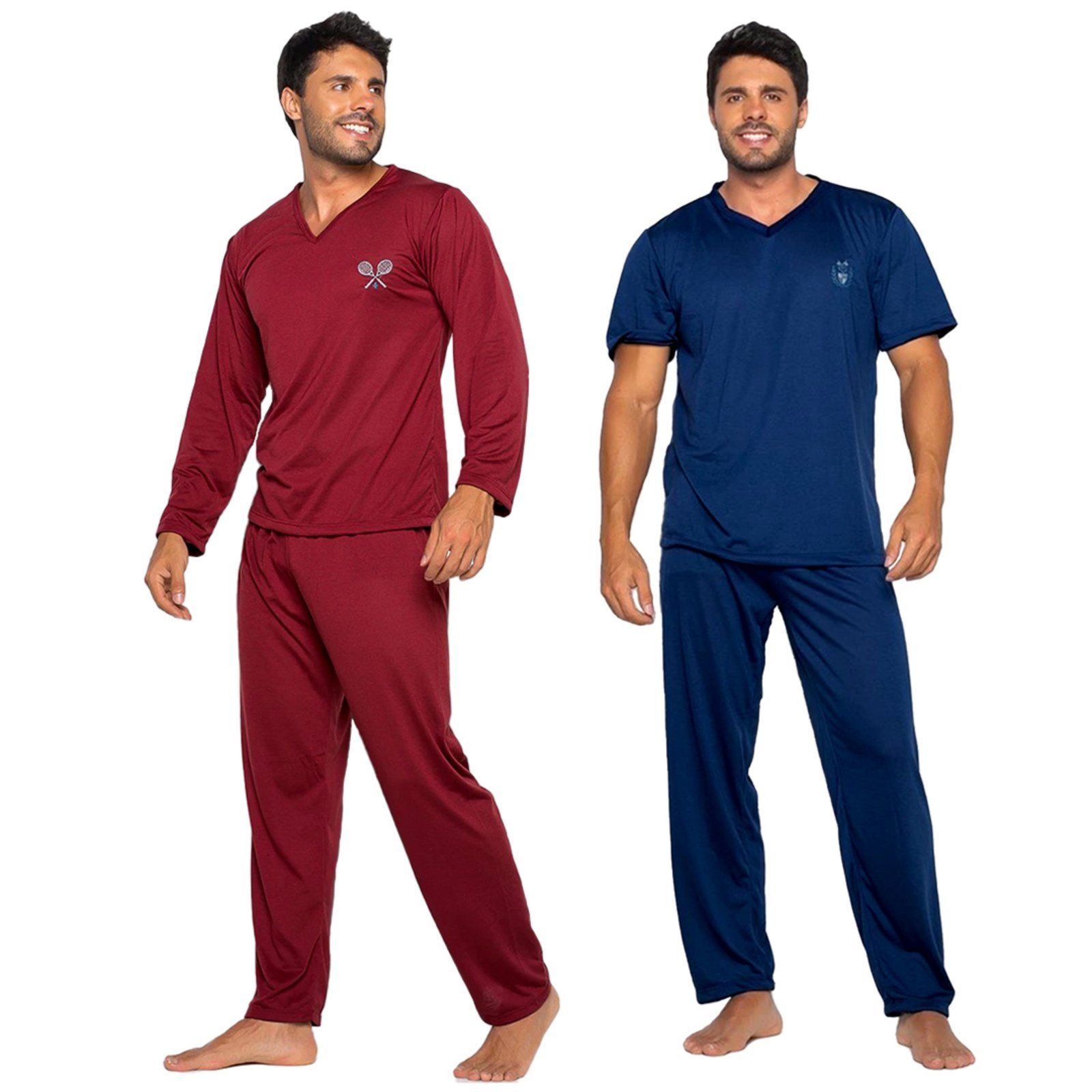 Kit Trajes de Dormir Gabi Lingerie Lisos Poliéster Pijama Masculino Conforto Manga Curta e Manga Longa Multicolorido