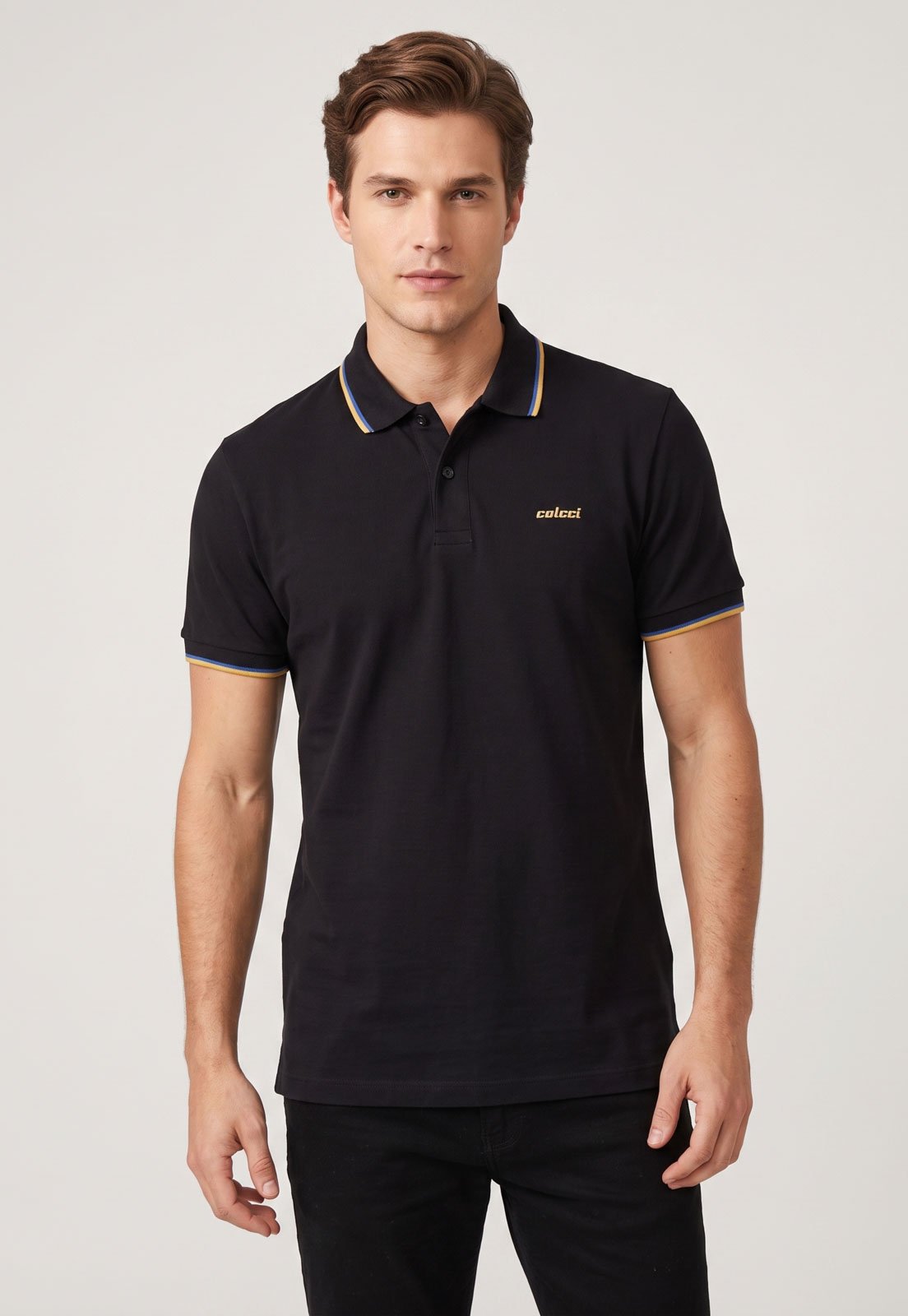 Polo Masculina Colcci Friso Gola e Manga Preta