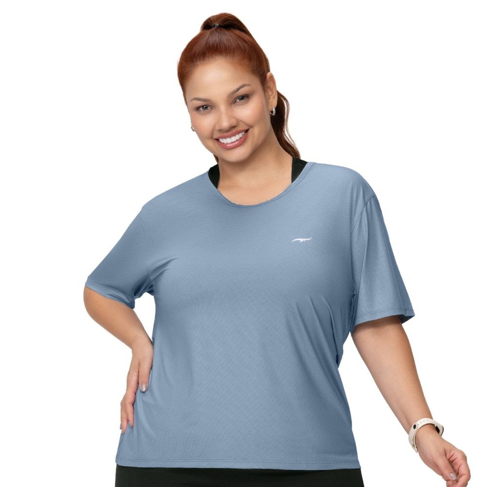 Camiseta Fitness Feminina Plus Size Secagem Rápida Azul Claro