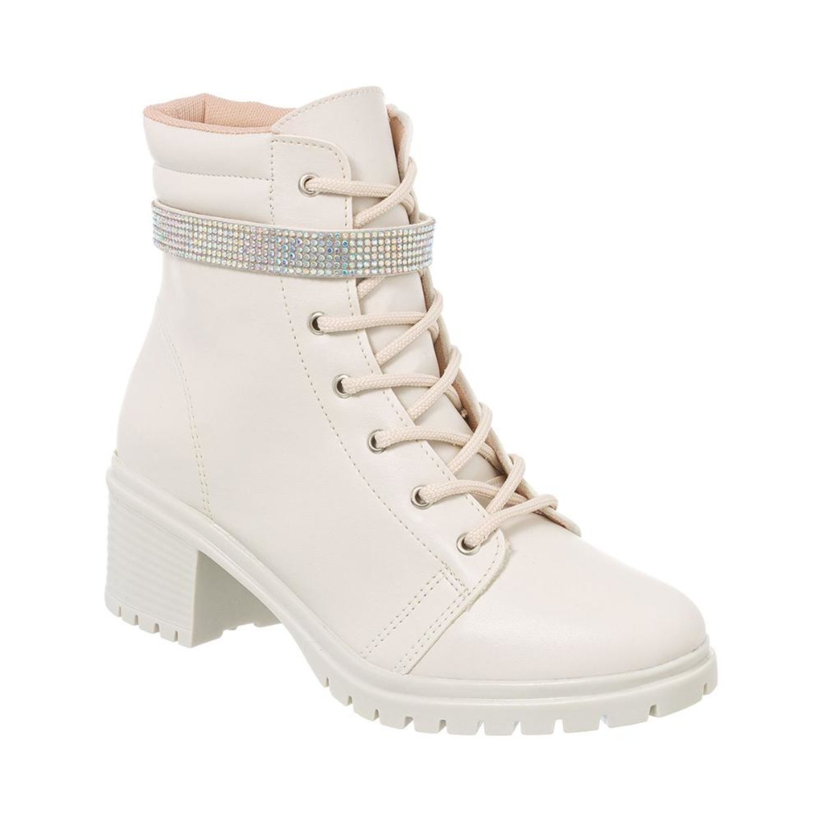 Bota Coturno Feminino Strass Cano Curto Salto Tratorado Off White