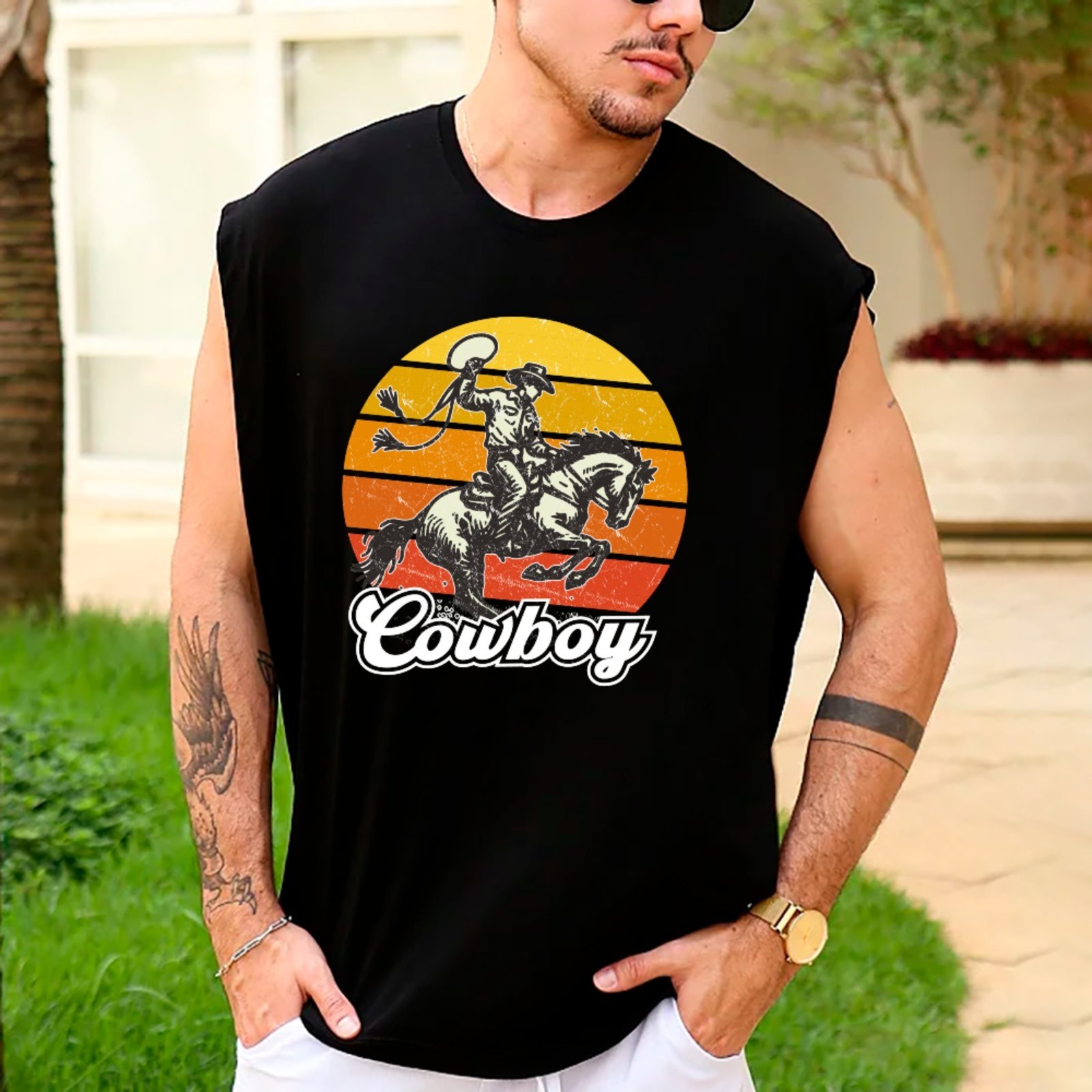 Camiseta Regata Machão Country Cowboy Sunset Estilo Autêntico Western Masculina Preto
