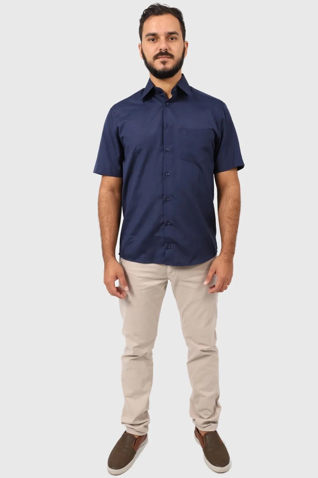 Camisa Social Olimpo Lisa com Bolso Manga Curta Azul Marinho