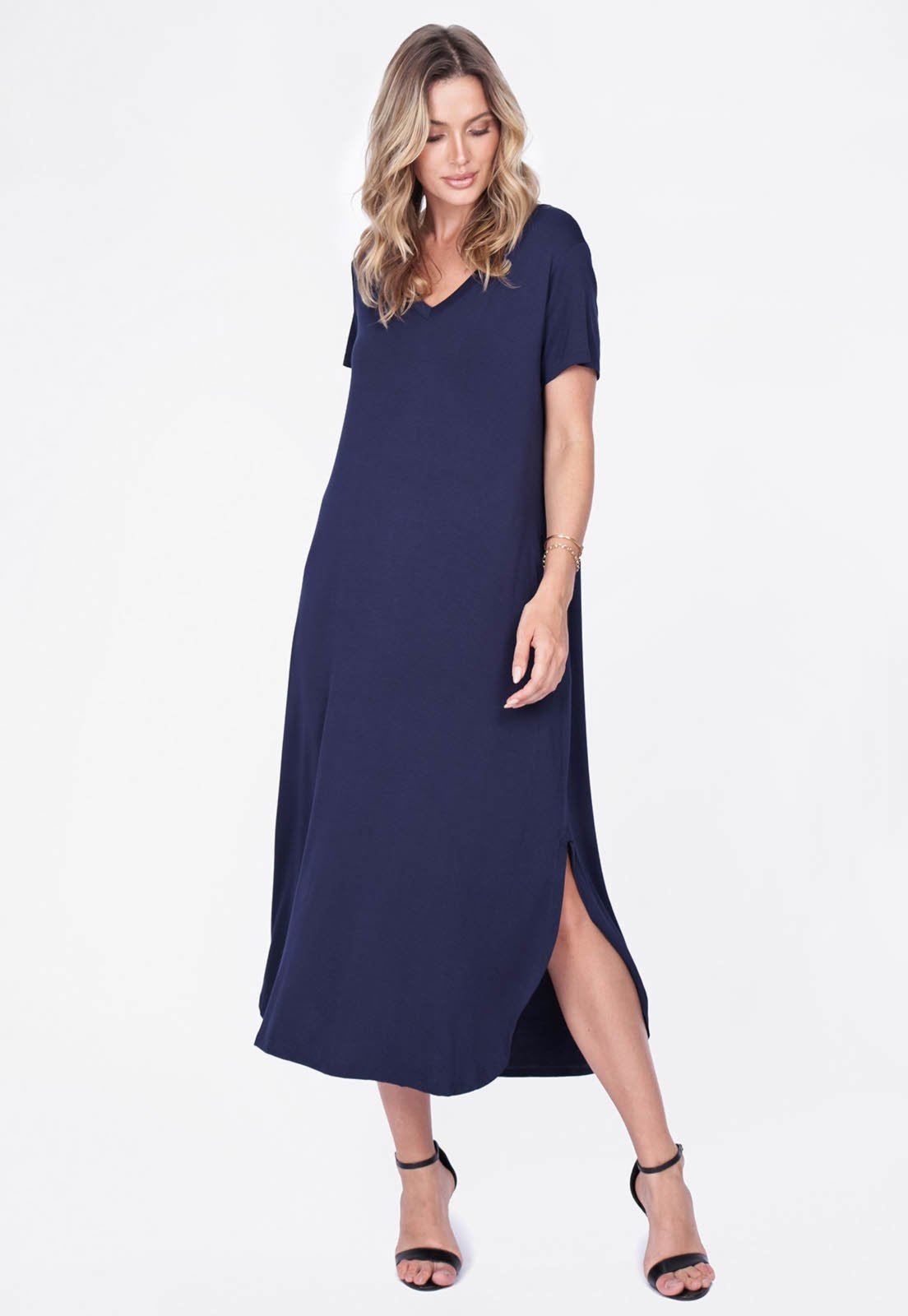 Vestido Amazonia Vital Midi Abapã Malha com Bolso Azul Marinho