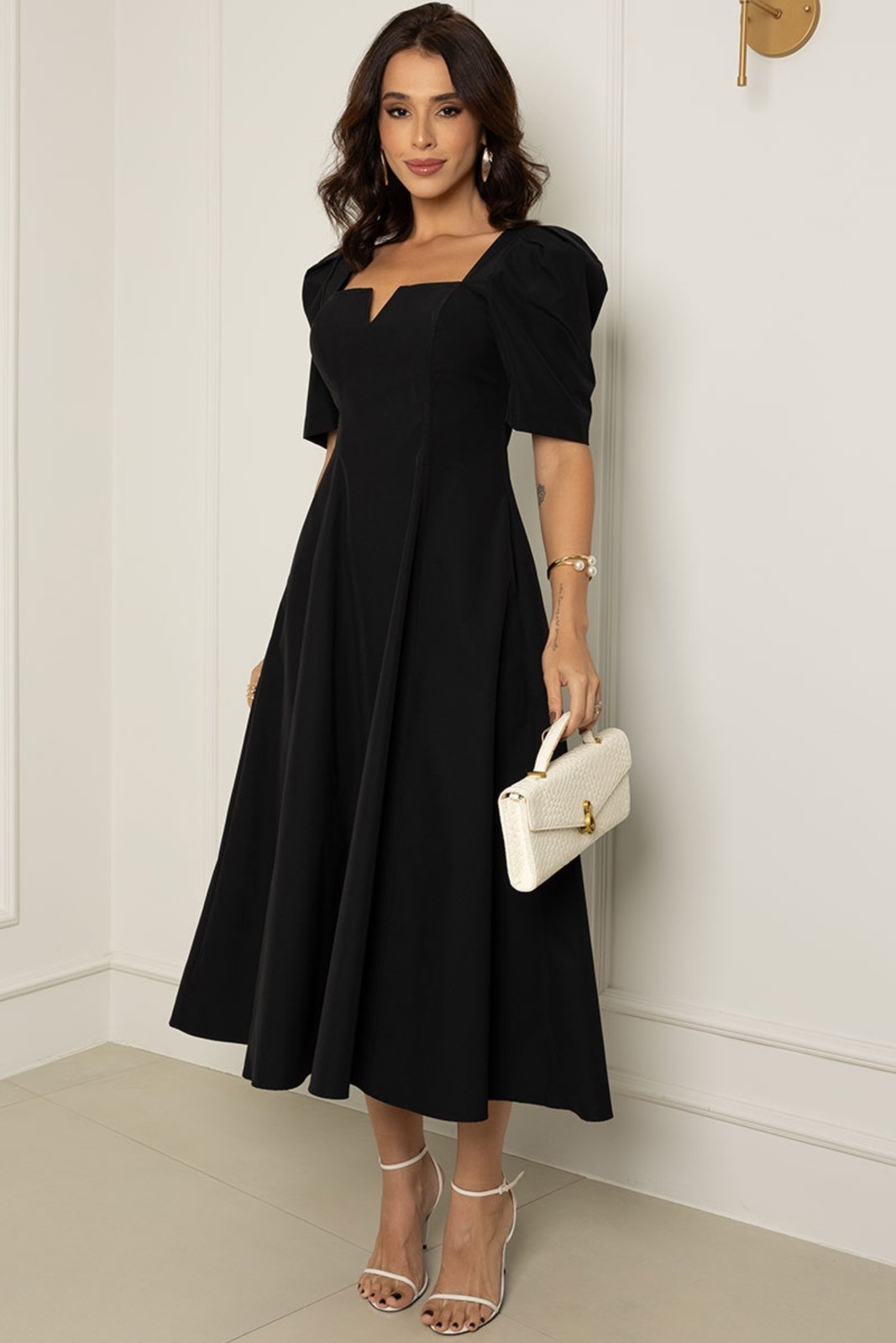 Vestido Dafny Decote V C/ Manga C/Prega Preto