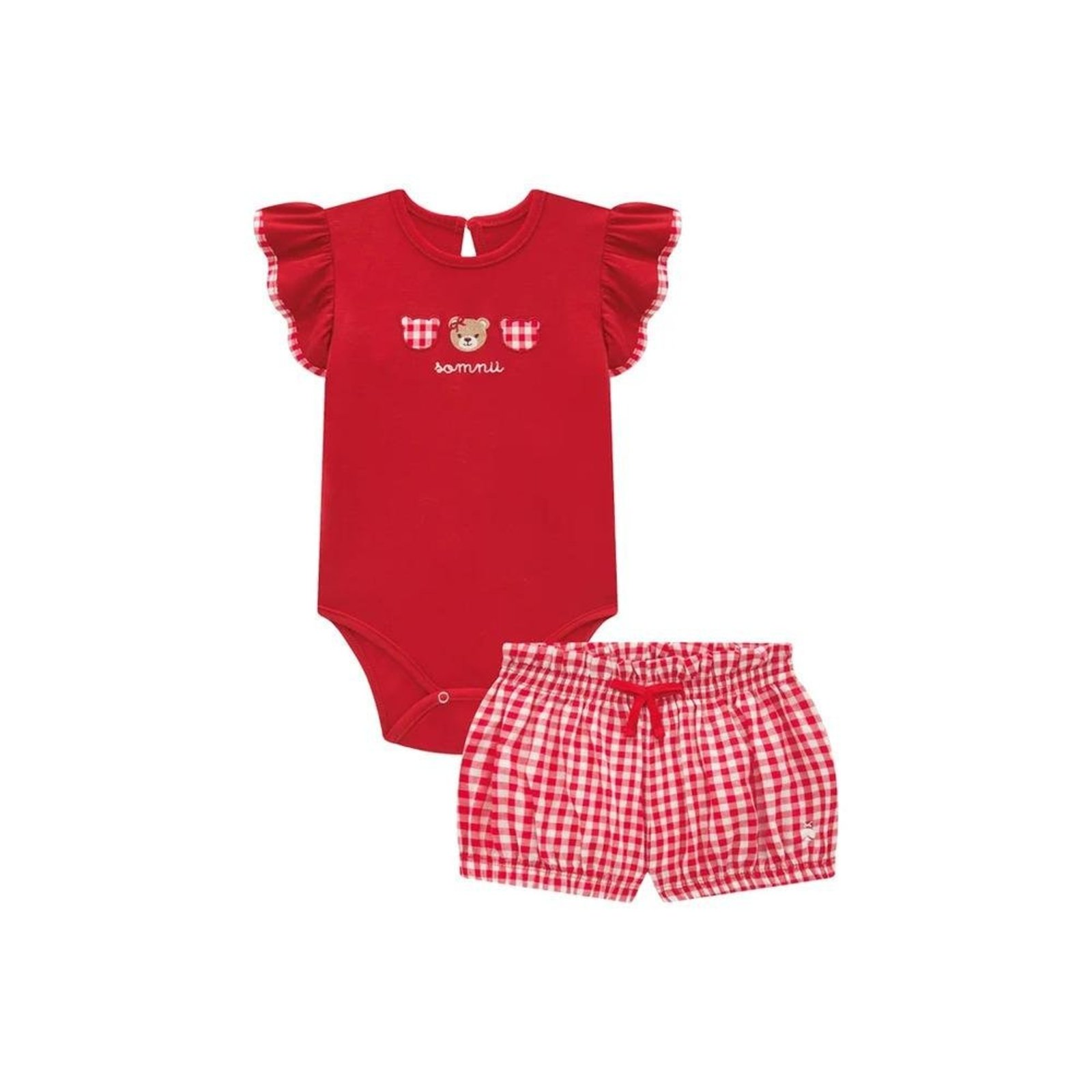 Infantil - Conjunto Body Babados Shorts Xadrez Somni Vermelho Branco G Vermelho